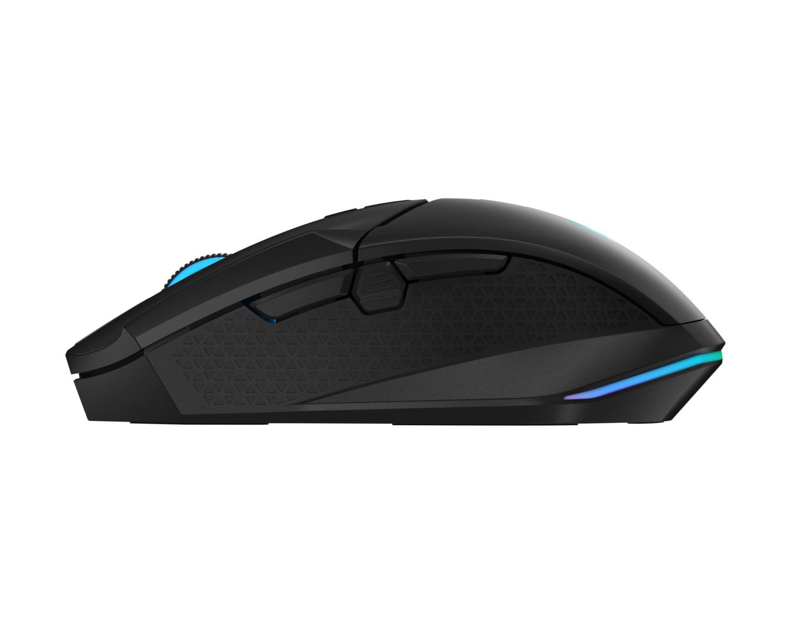 Mavi kaydırma tekerleği ve arkada RGB aydınlatmalı siyah oyuncu faresi.