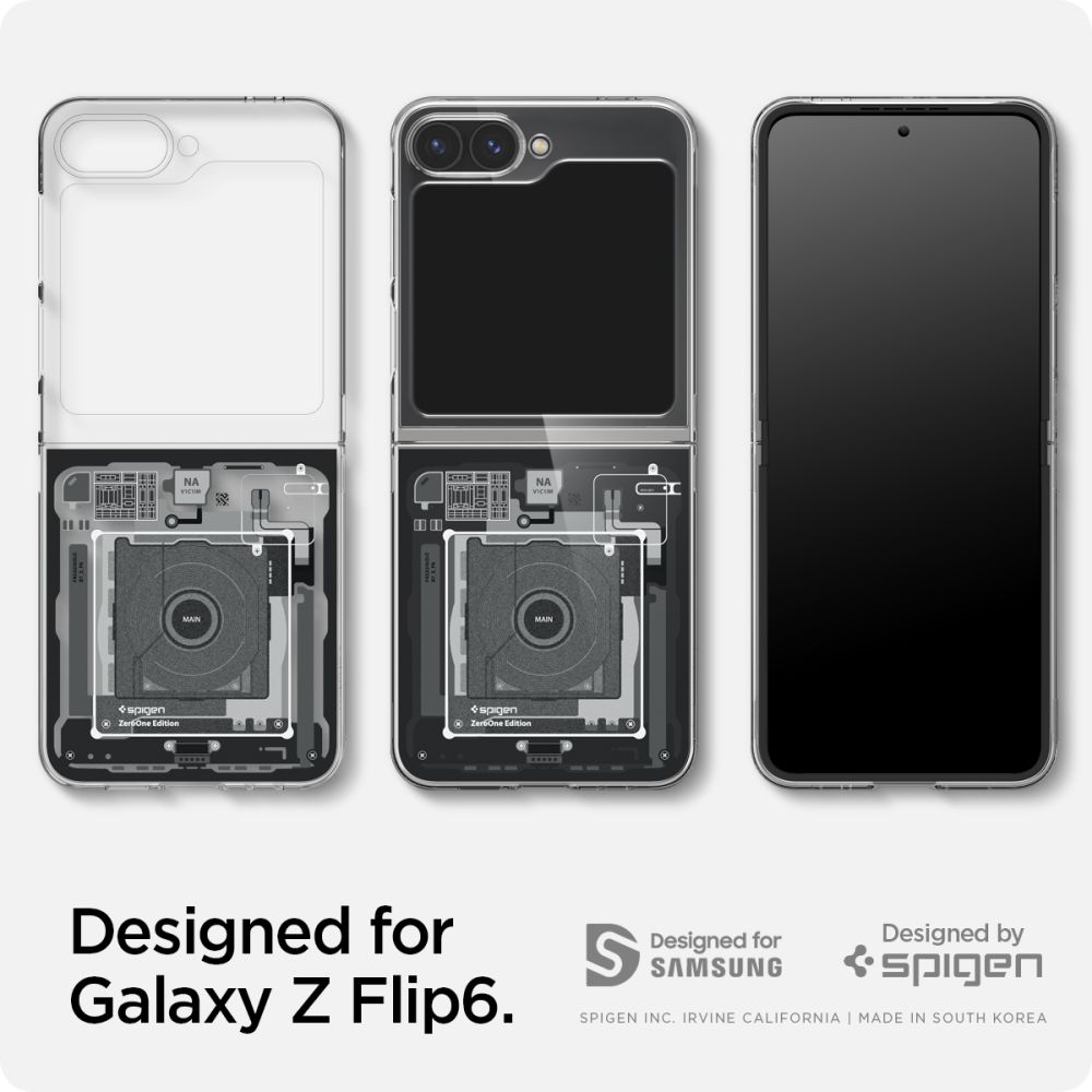 Tre telefoni Galaxy Z Flip6: due con custodie aperte, uno chiuso.