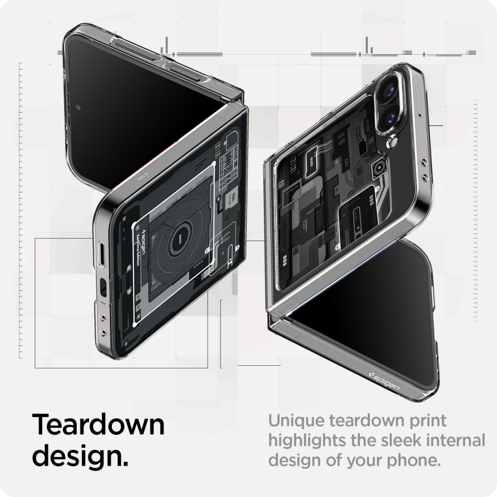 Un telefono pieghevole con stampa di design teardown che mostra i componenti interni.
