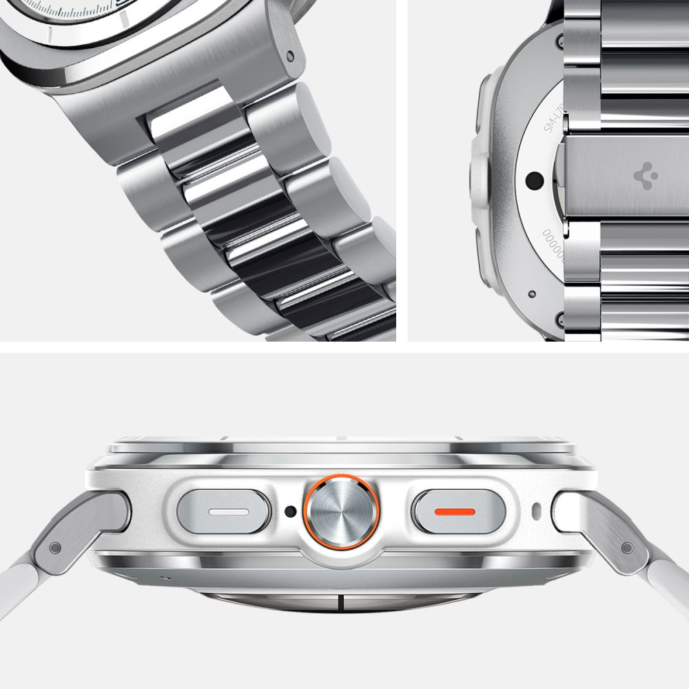 Primo piano di uno smartwatch argentato con cinturino in metallo e pulsante arancione.