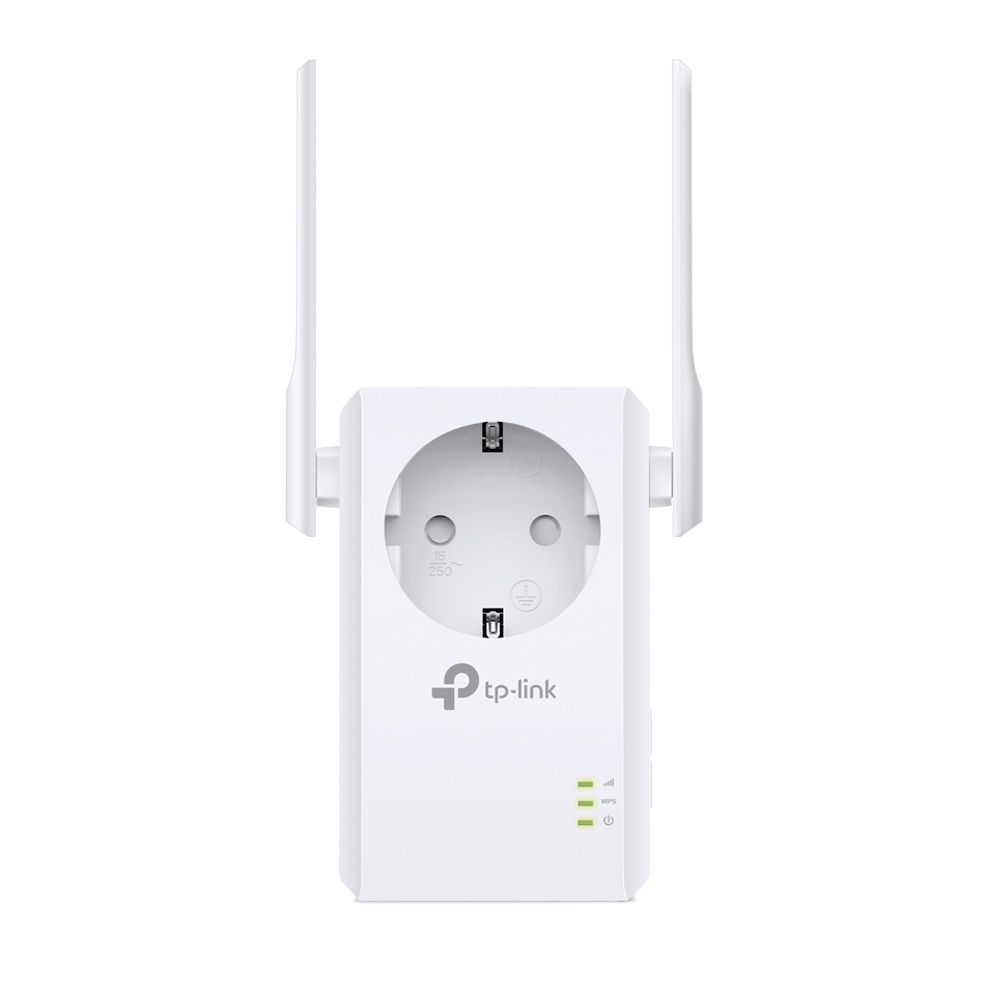Witte TP-Link Wi-Fi extender met twee antennes en een Europees stopcontact.
