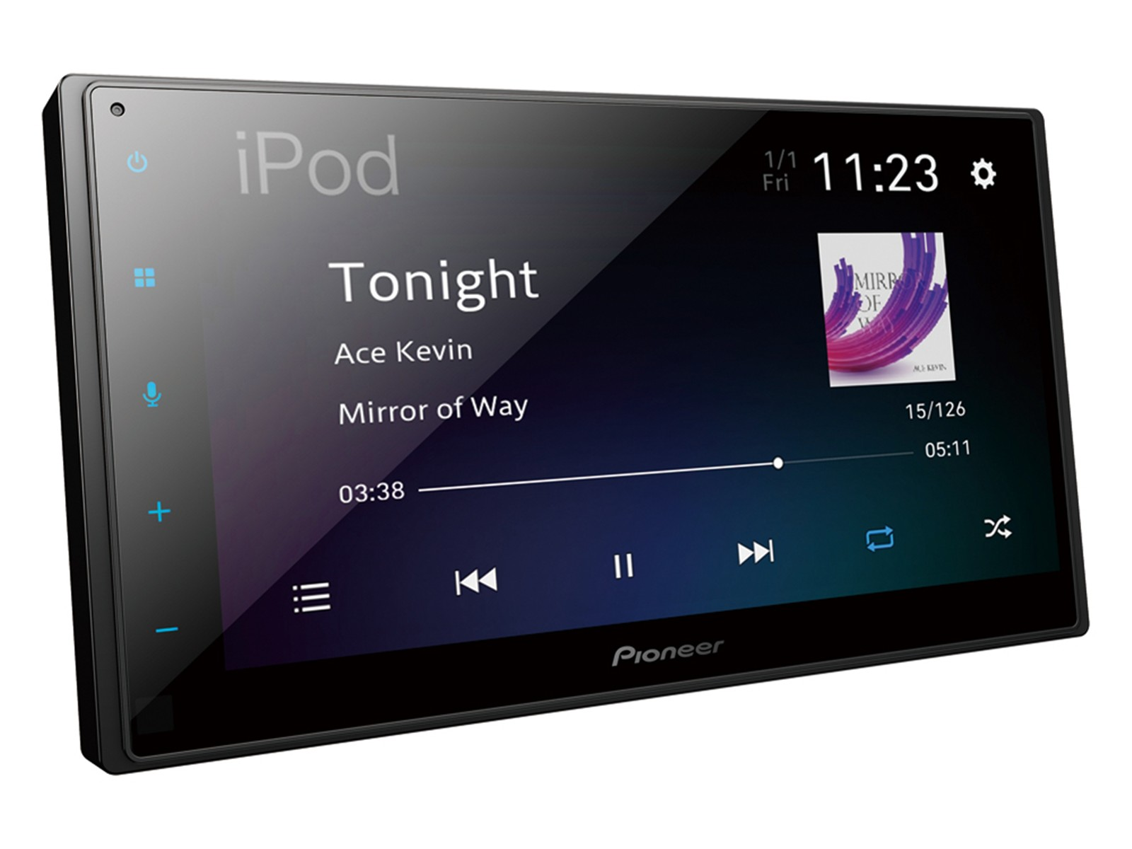 Un estéreo de coche Pioneer muestra la canción "Tonight" de Ace Kevin.