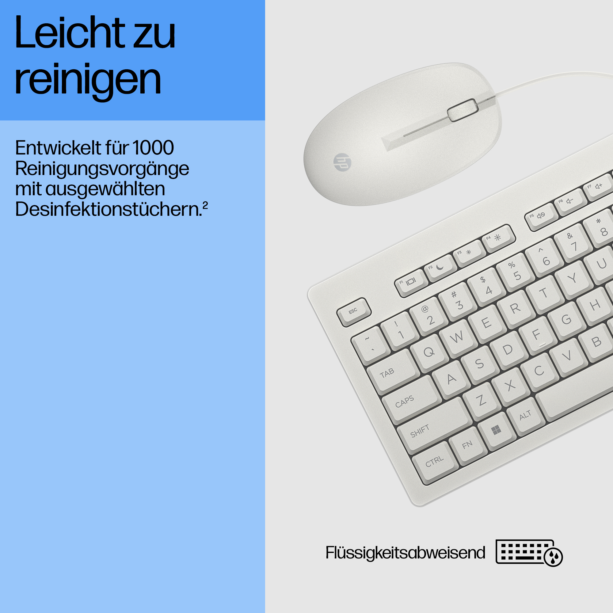 Tastiera e mouse bianchi su sfondo chiaro con testo tedesco.