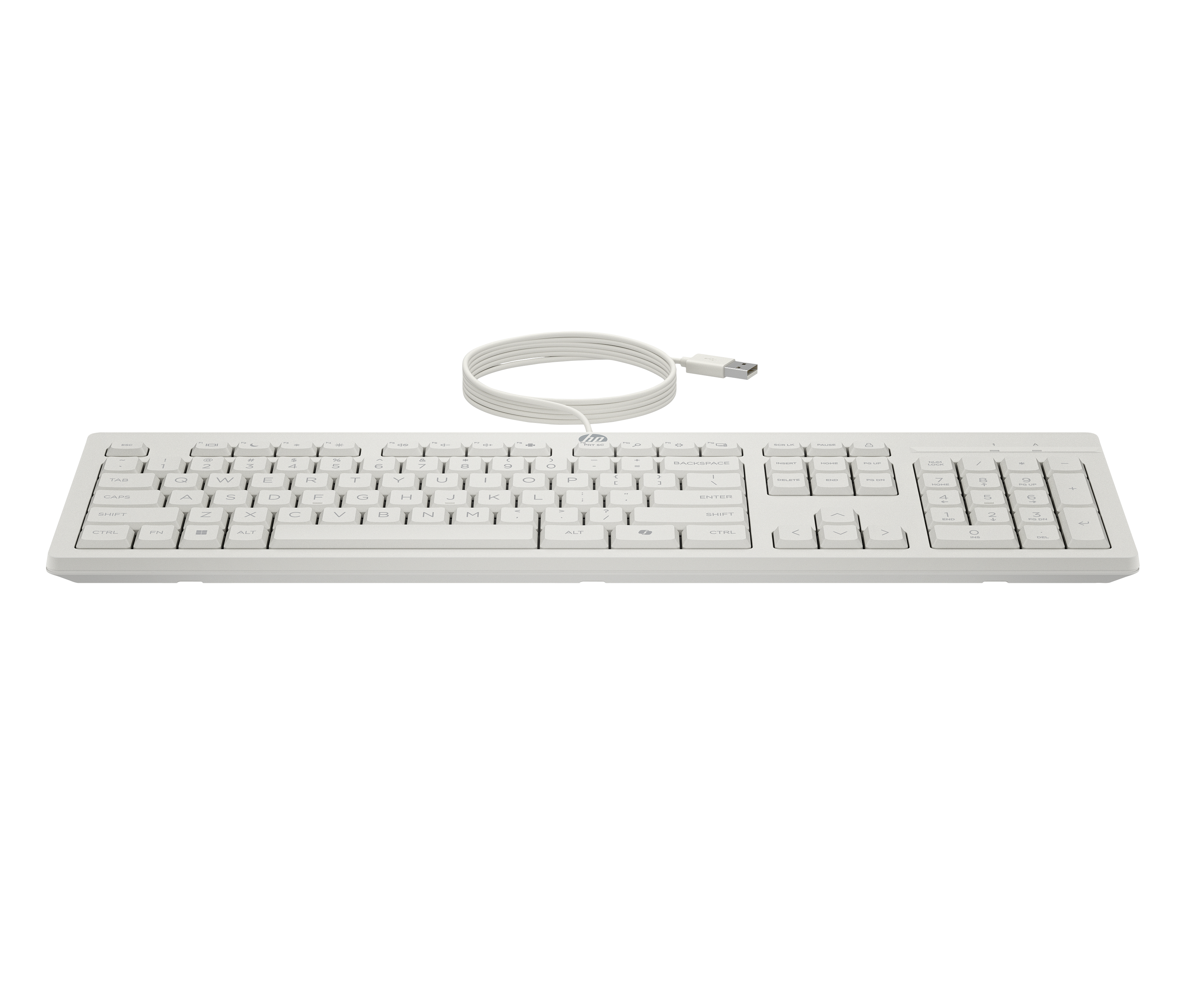 Una tastiera HP bianca con cavo USB, su sfondo bianco.