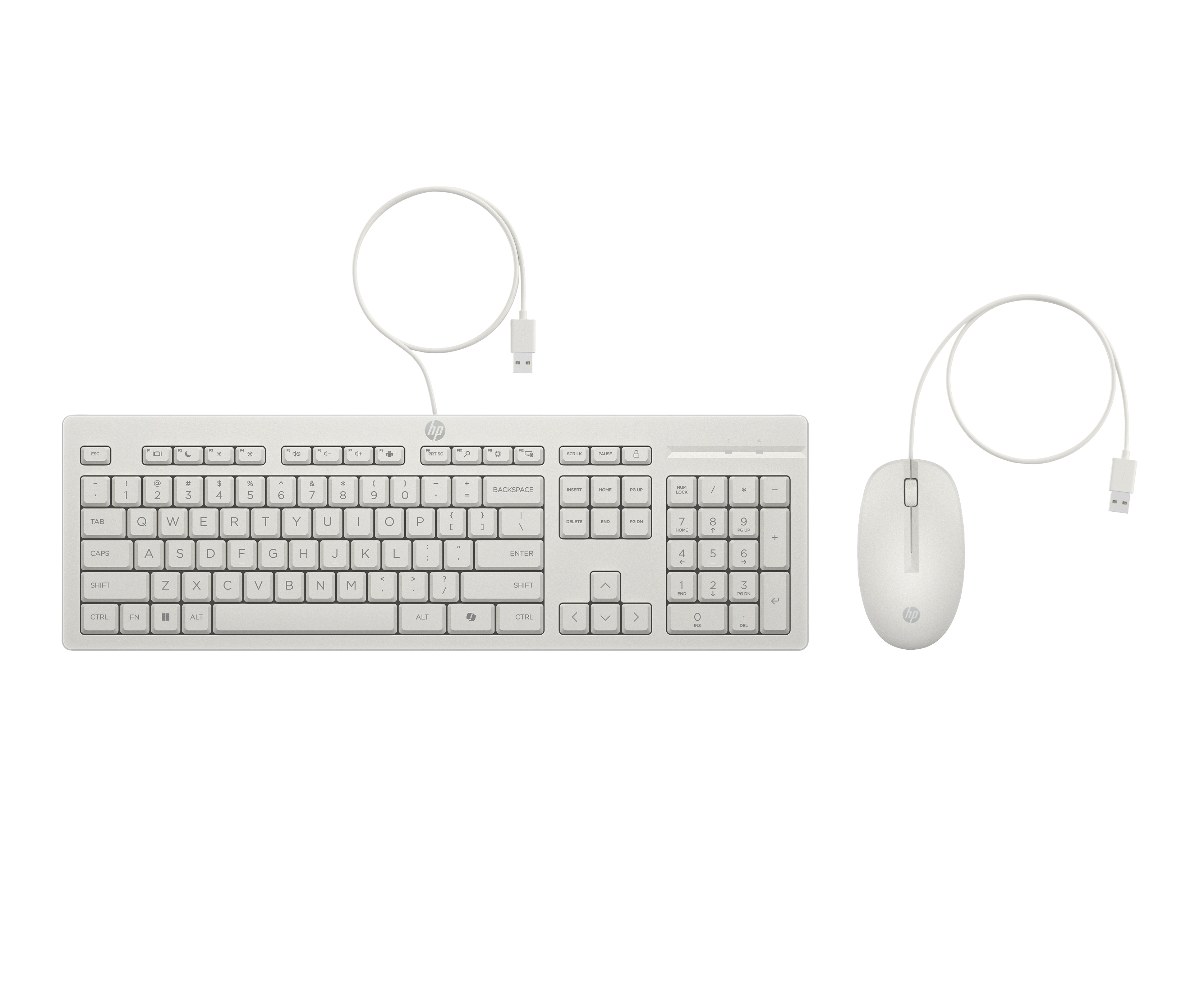 Una tastiera e un mouse HP bianchi con cavi USB su sfondo bianco.