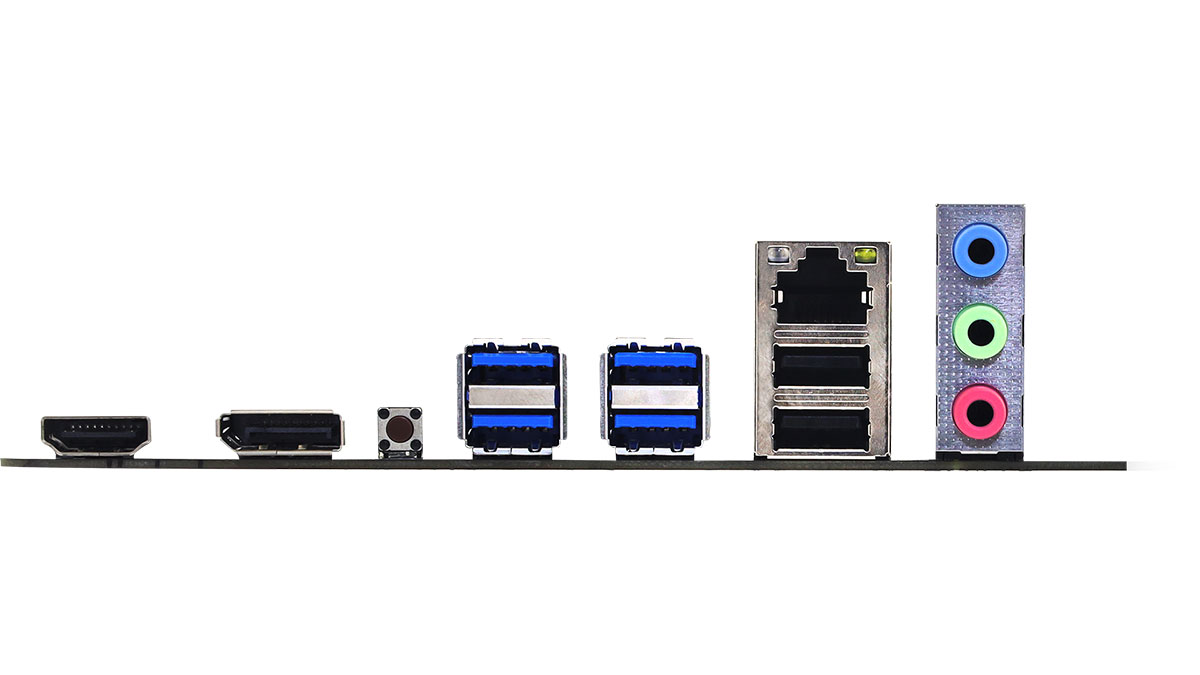 Porte I/O posteriori della scheda madre: HDMI, USB, Ethernet, jack audio.