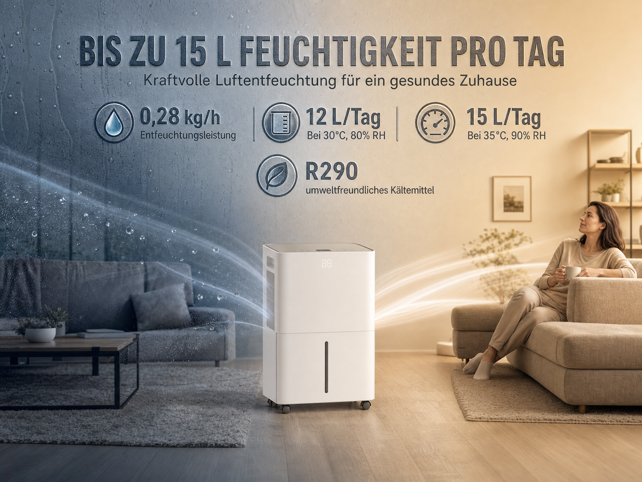 Ein weißer Luftentfeuchter in einem Wohnzimmer mit einer Frau auf dem Sofa.