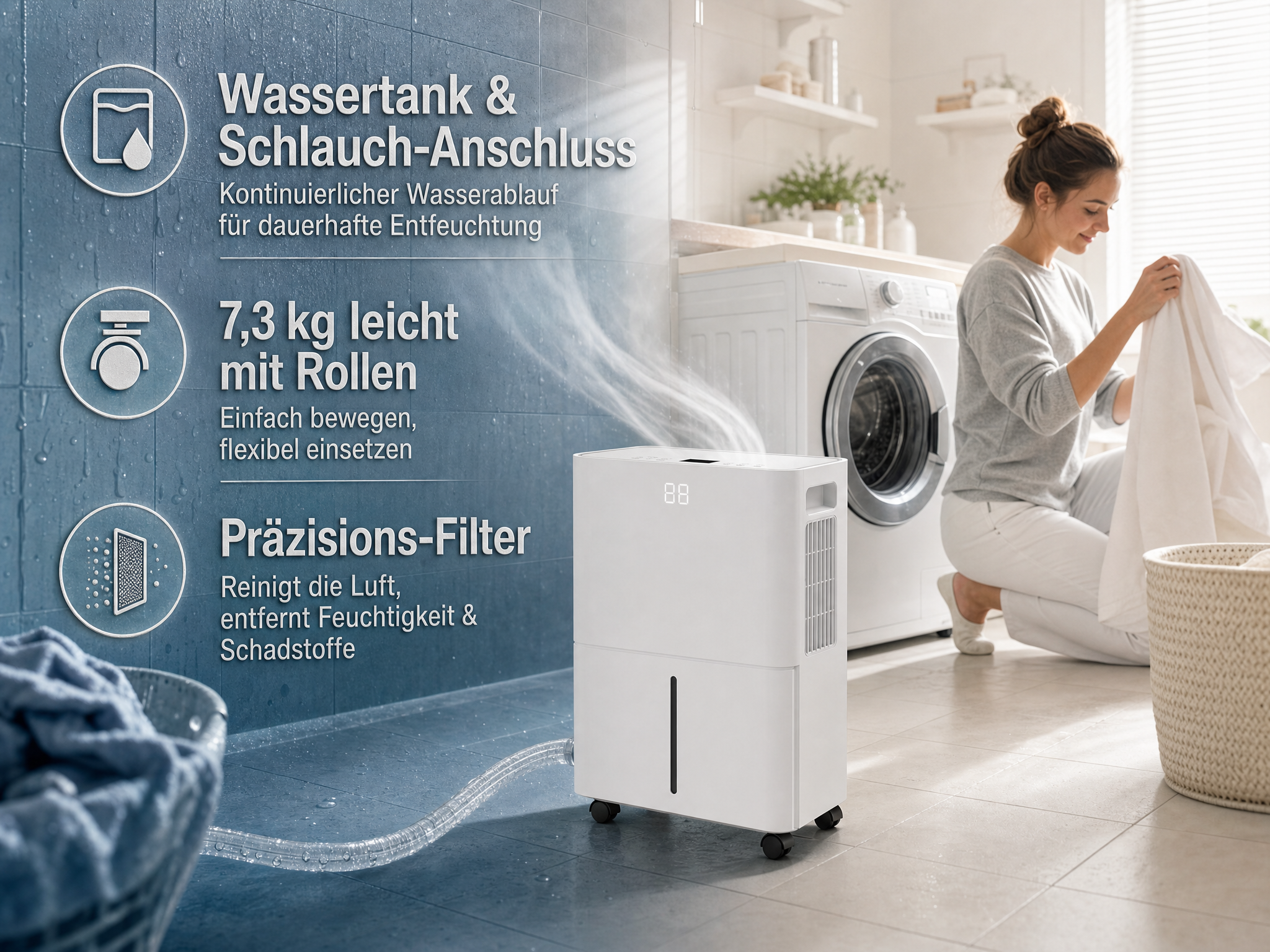 Ein weißer Luftentfeuchter steht neben einer Waschmaschine, während eine Frau Wäsche faltet.