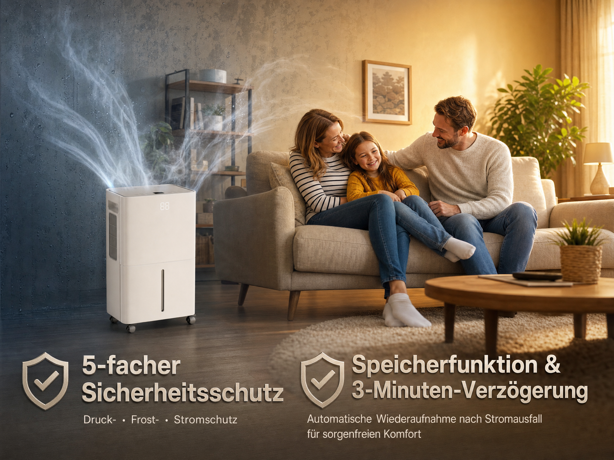 Ein weißer Luftentfeuchter gibt Dampf ab, während eine Familie auf dem Sofa sitzt.