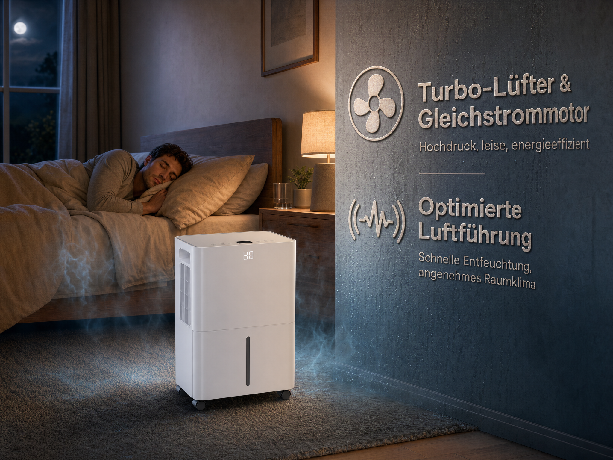 Ein Mann schläft im Bett, während ein weißer Luftentfeuchter im Raum steht.