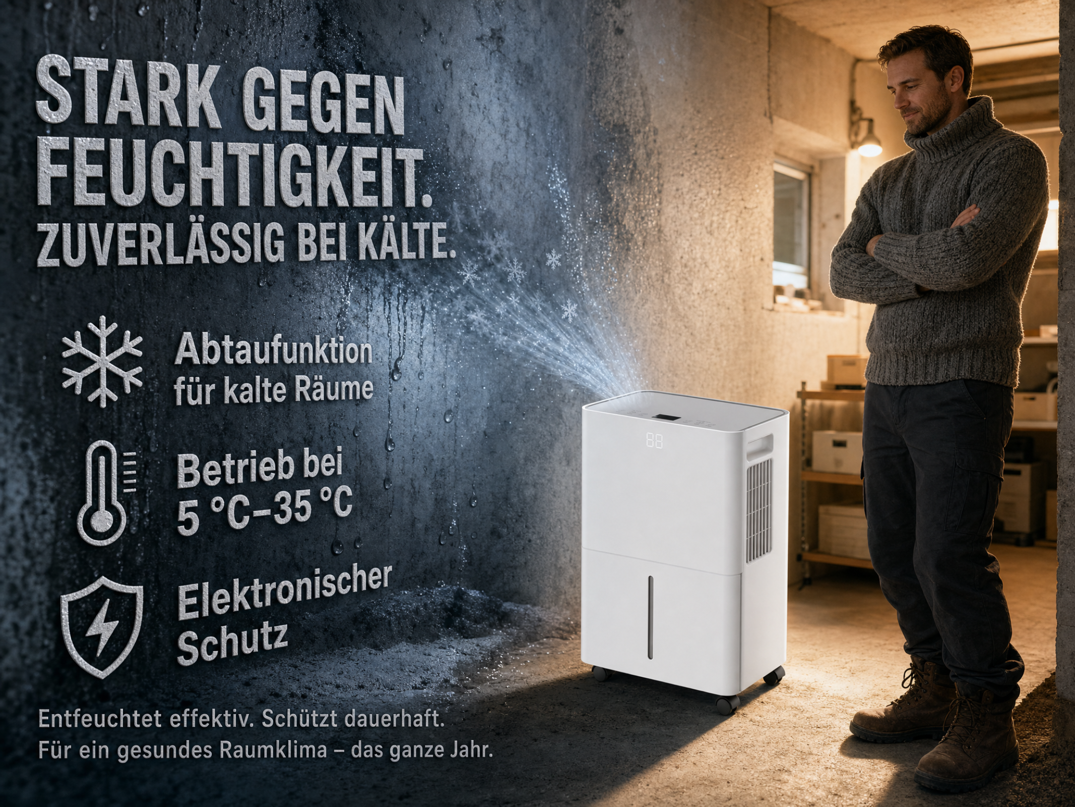 Ein Mann steht neben einem weißen Luftentfeuchter in einem dunklen Raum. Text über Funktionen.