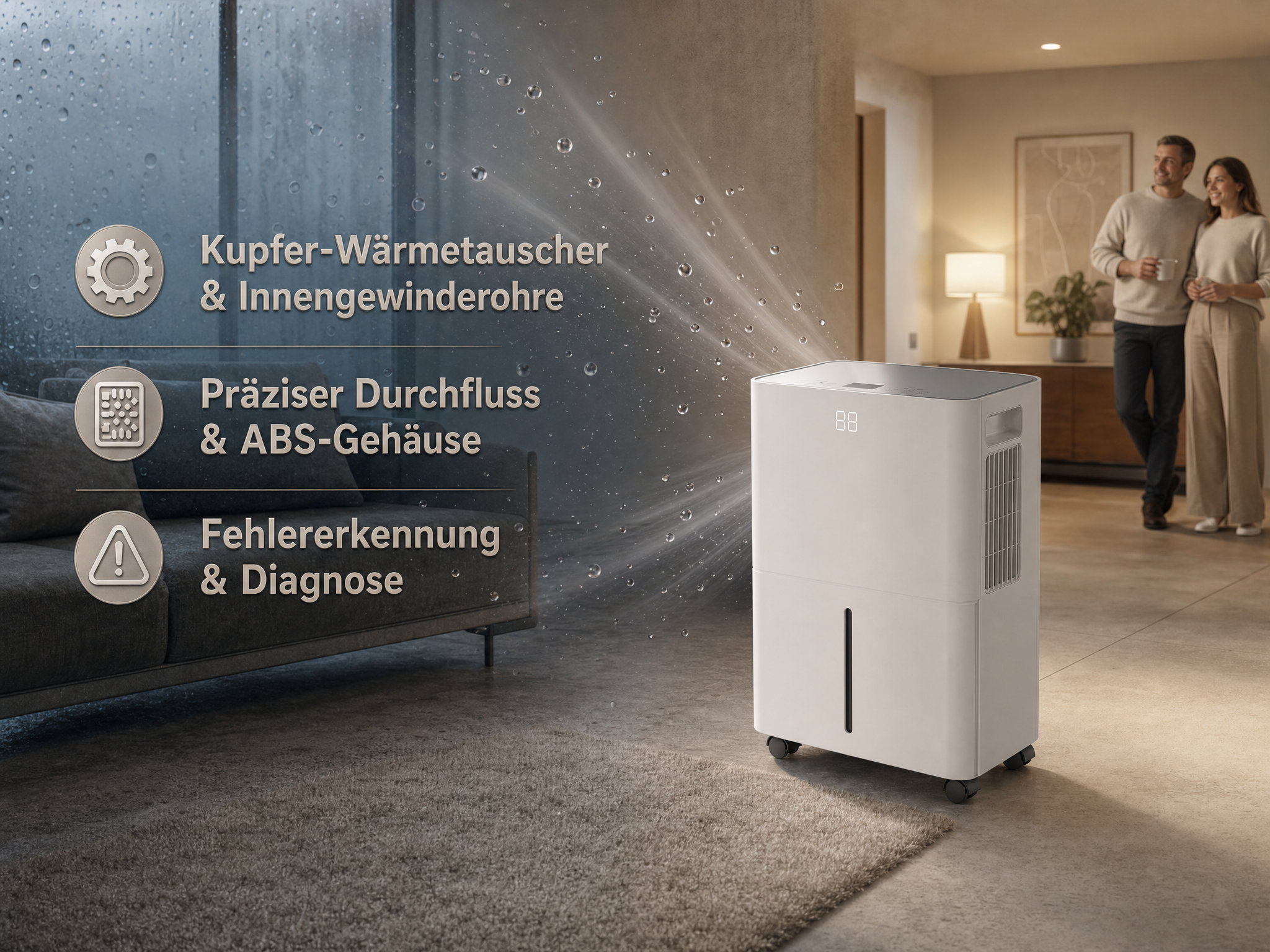 Ein weißer Luftentfeuchter im Wohnzimmer mit einem Paar, das im Hintergrund trinkt.