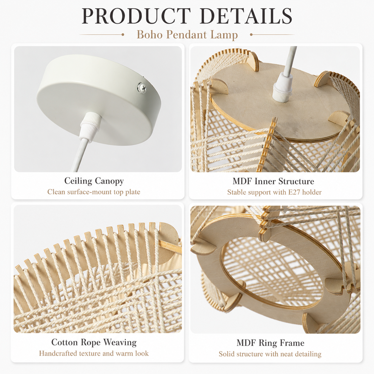 Detalles del producto de una lámpara colgante boho: dosel de techo, estructura interior de MDF, tejido de cuerda de algodón, marco de anillo de MDF.