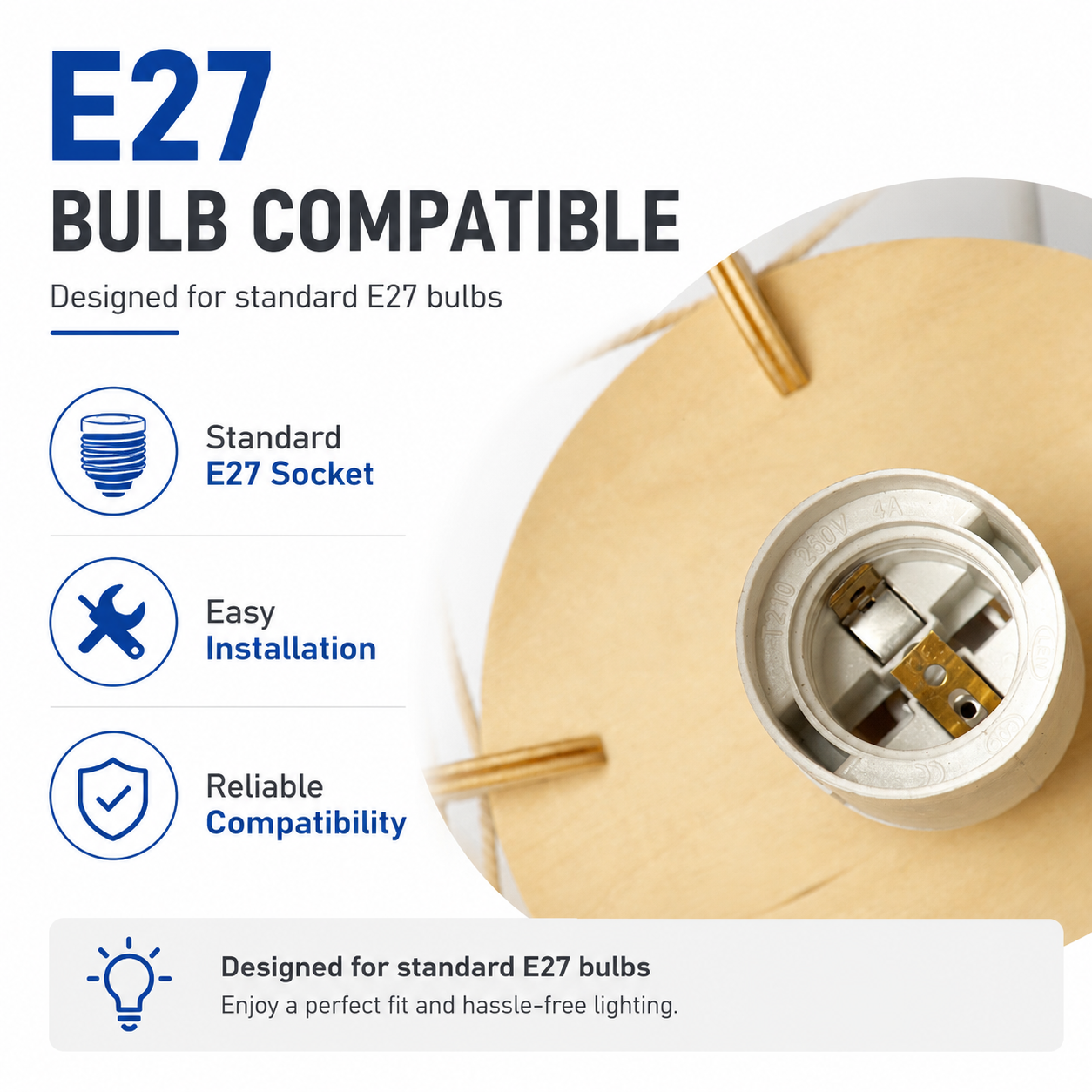 Casquillo E27 sobre madera, con iconos de estándar, fácil instalación y compatibilidad.