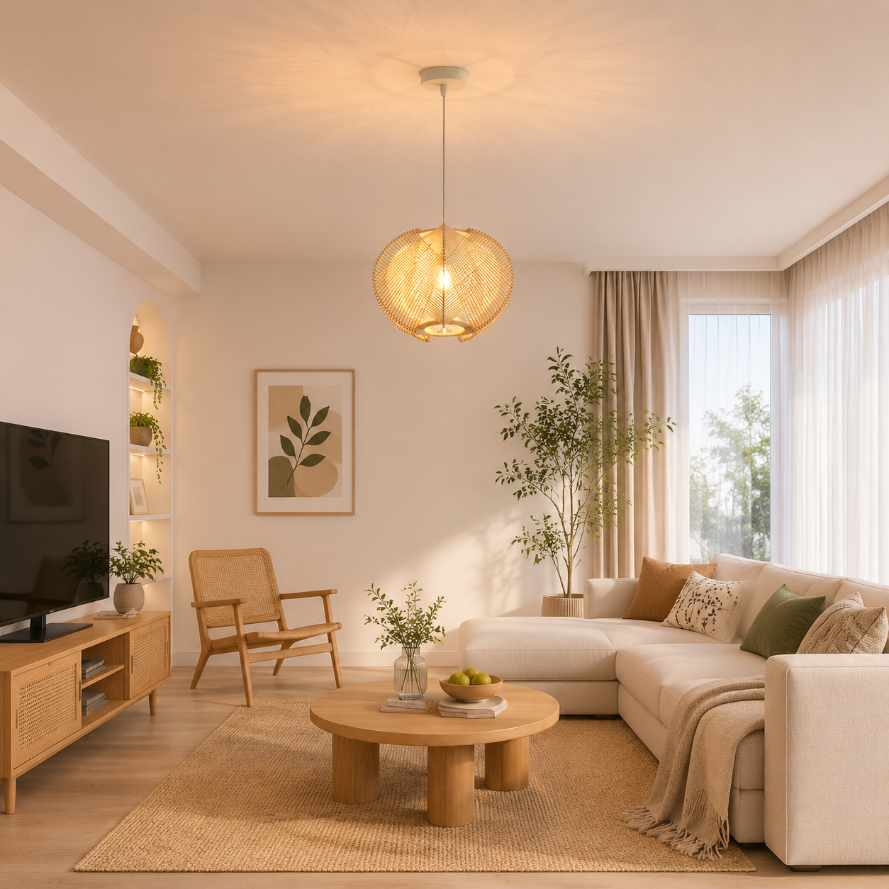 Un salón luminoso con sofá, mesa de centro, sillón y televisión.