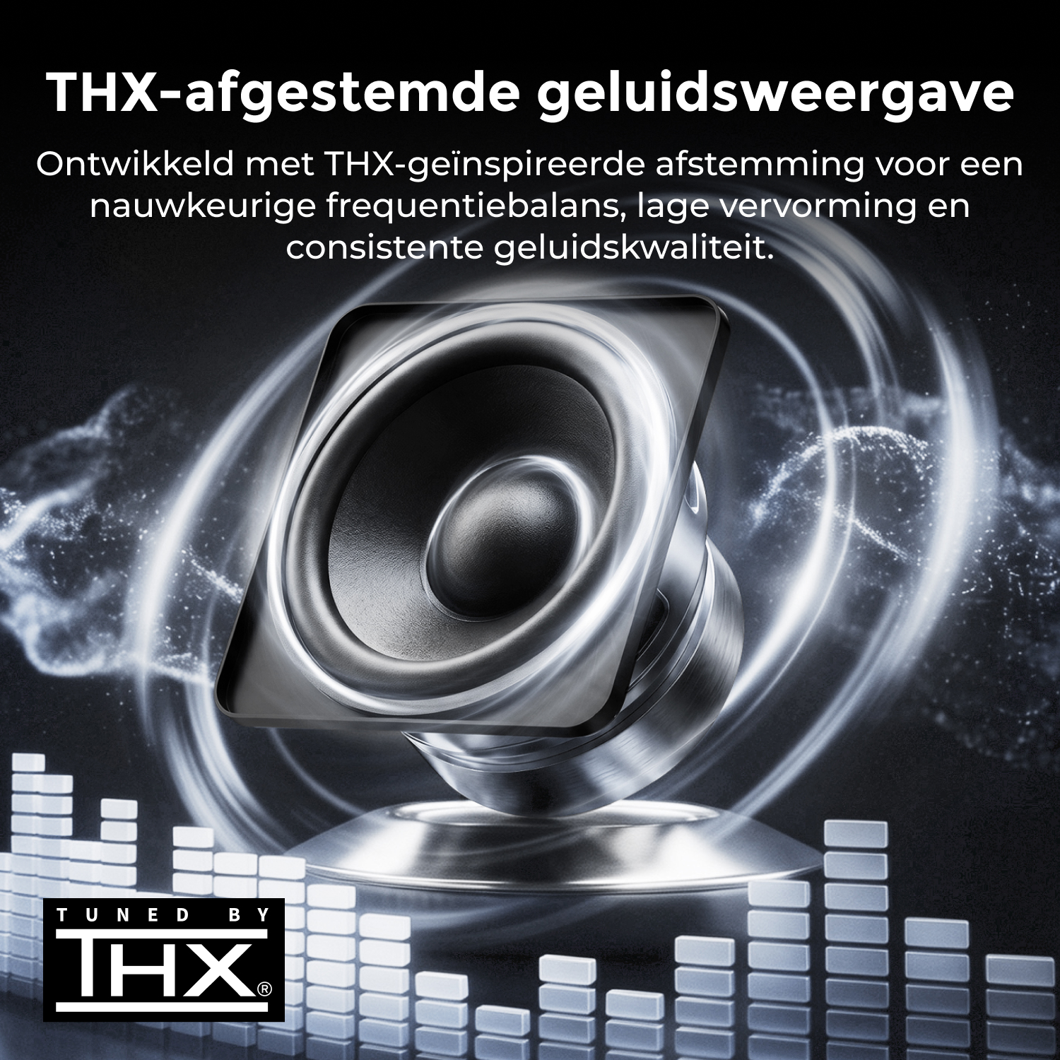 Een luidspreker met THX-logo en equalizerbalken. THX-afgestemde audioweergave.