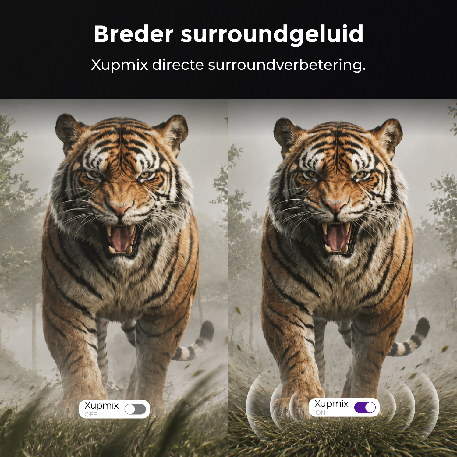 Twee tijgers, één met Xupmix uit, één met Xupmix aan. Mistig bos.