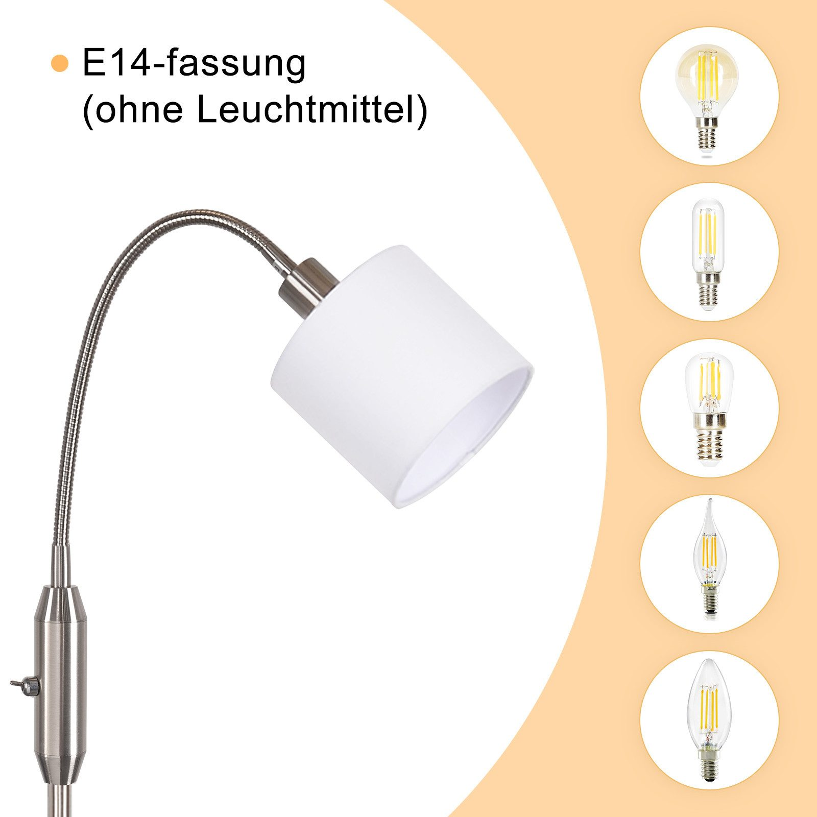 Lampada con paralume bianco e braccio flessibile, con lampadine esposte.