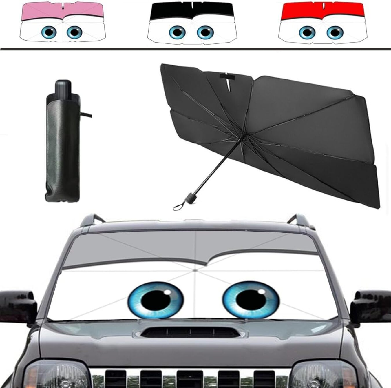 Parasol para coche con diseño de ojos, paraguas negro y funda.