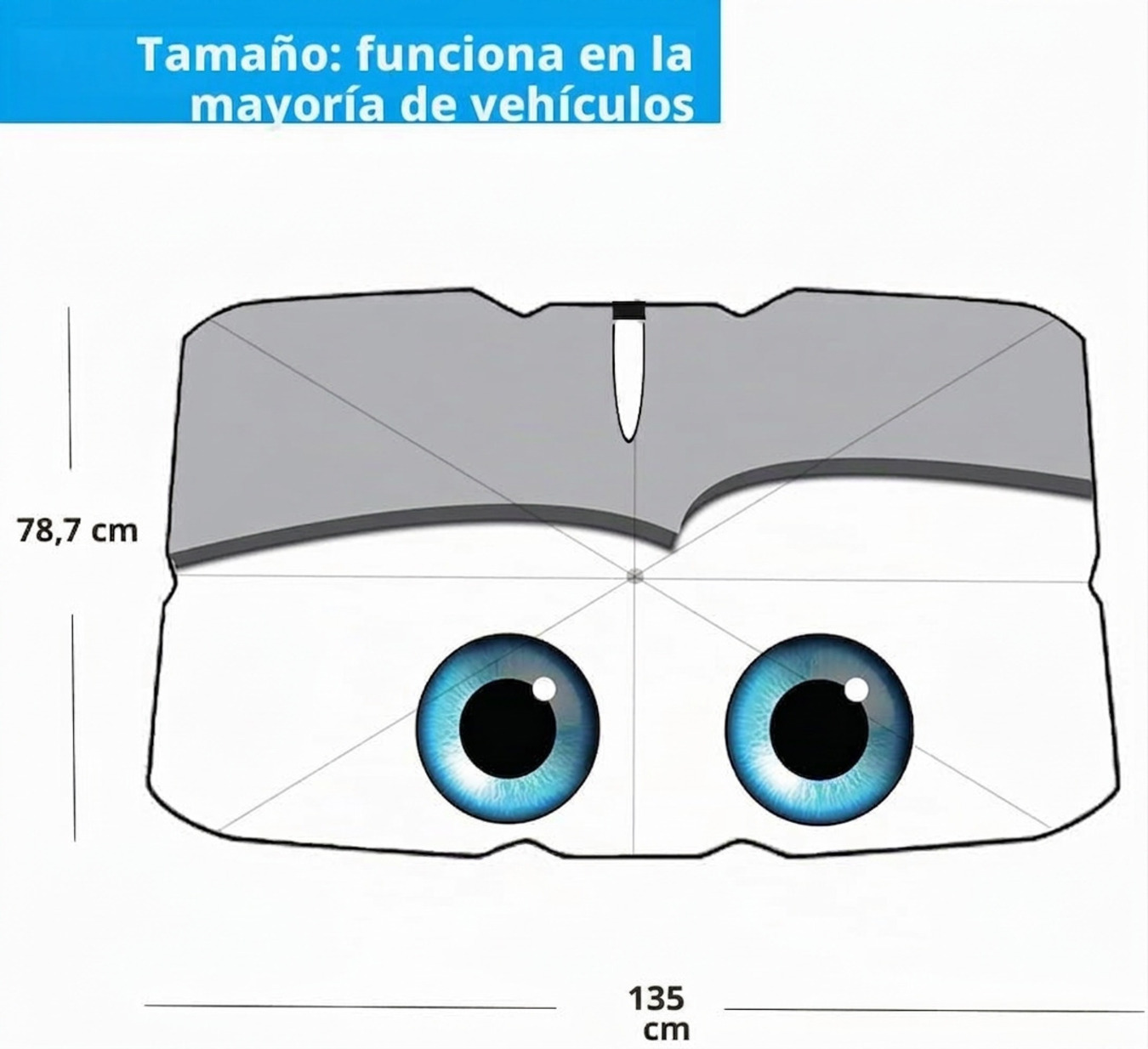 Diagrama muestra un parasol de coche con ojos de caricatura. Dimensiones: 78,7cm x 135cm.