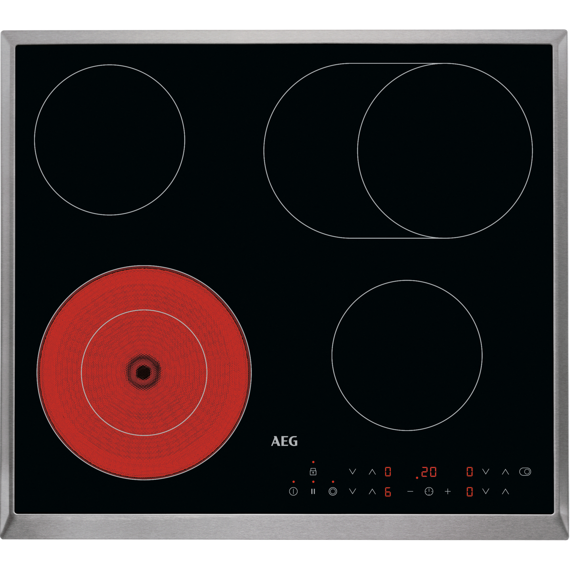Piano cottura in vetroceramica nero con quattro zone, una rossa incandescente.