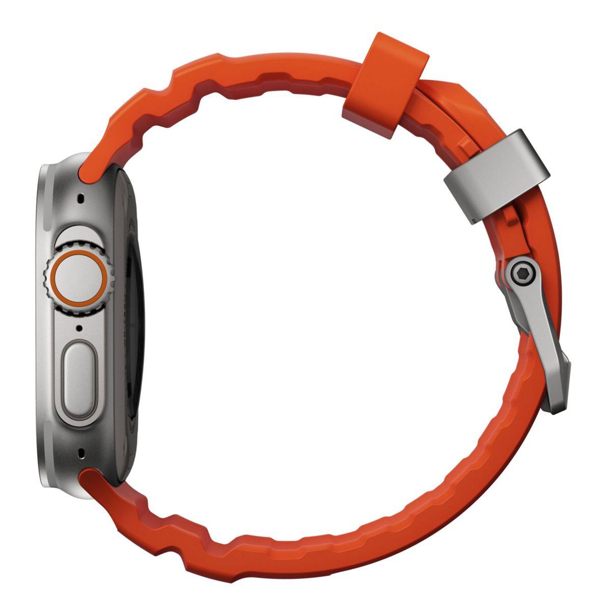 Srebrny smartwatch z pomarańczowym paskiem, widok z boku pokazuje koronkę i przyciski.