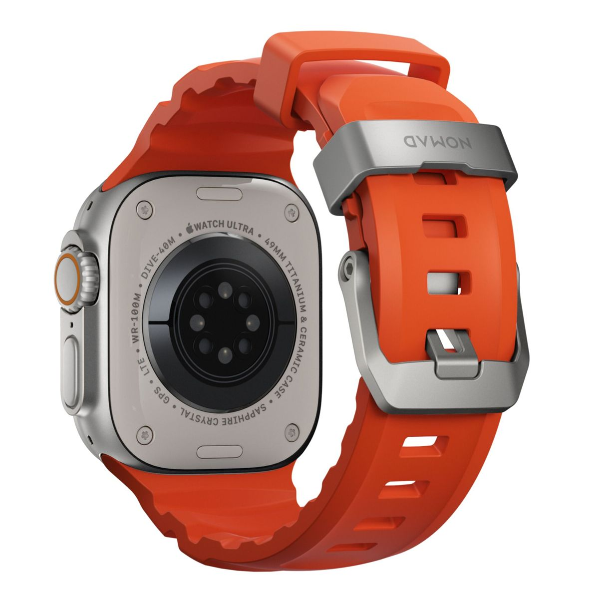 Srebrny smartwatch z pomarańczowym paskiem, szczegół tyłu. Wodoszczelny 100m.