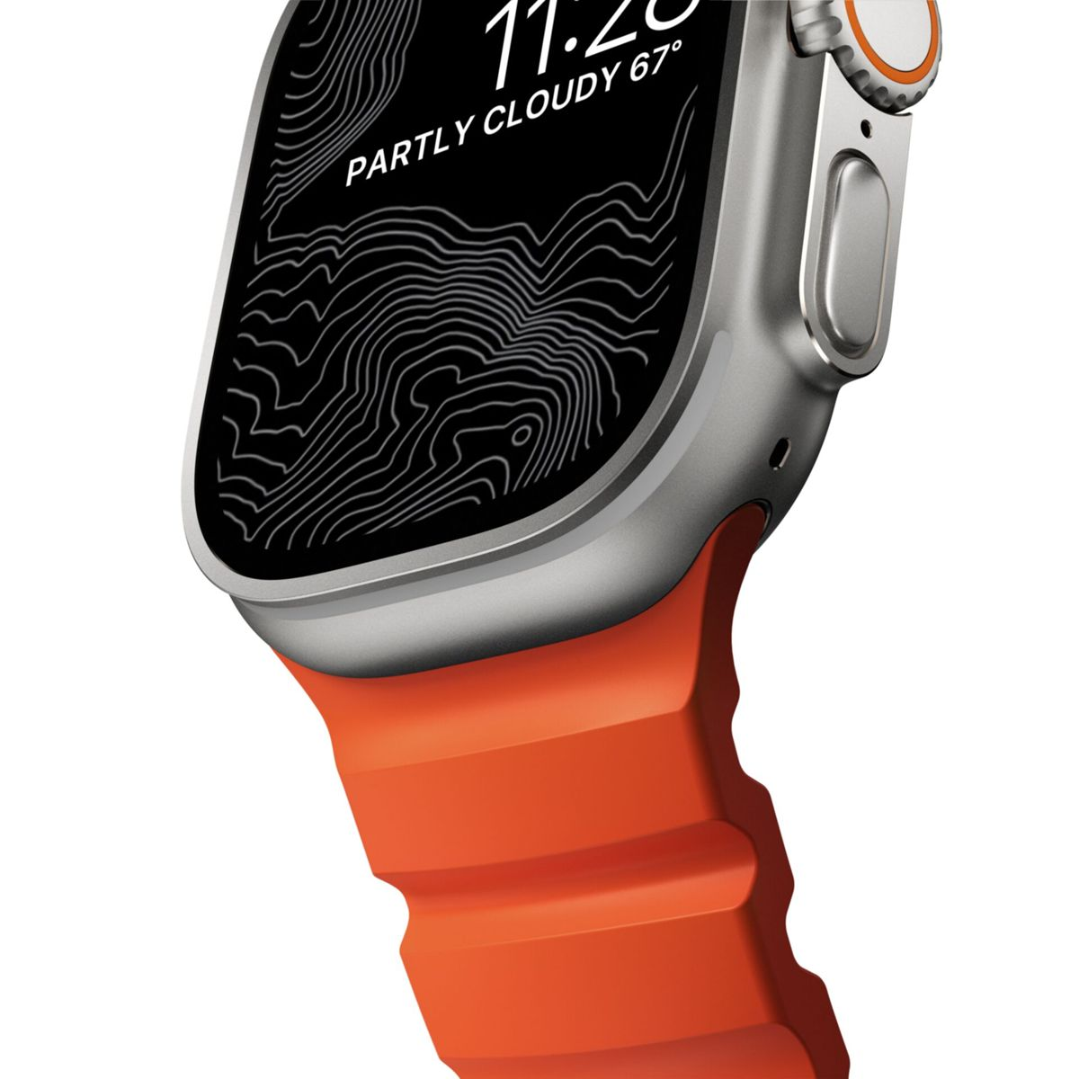 Zbliżenie na smartwatch z pomarańczowym paskiem, wyświetlający cyfrowy ekran z pogodą.