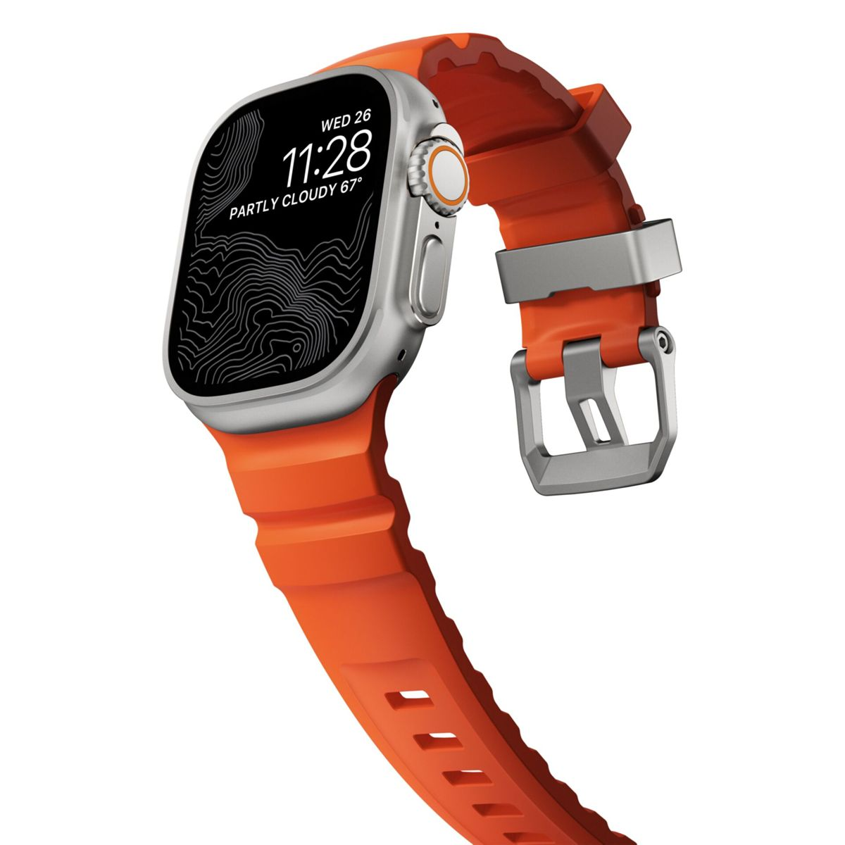Szary smartwatch z pomarańczową bransoletą i klamrą.