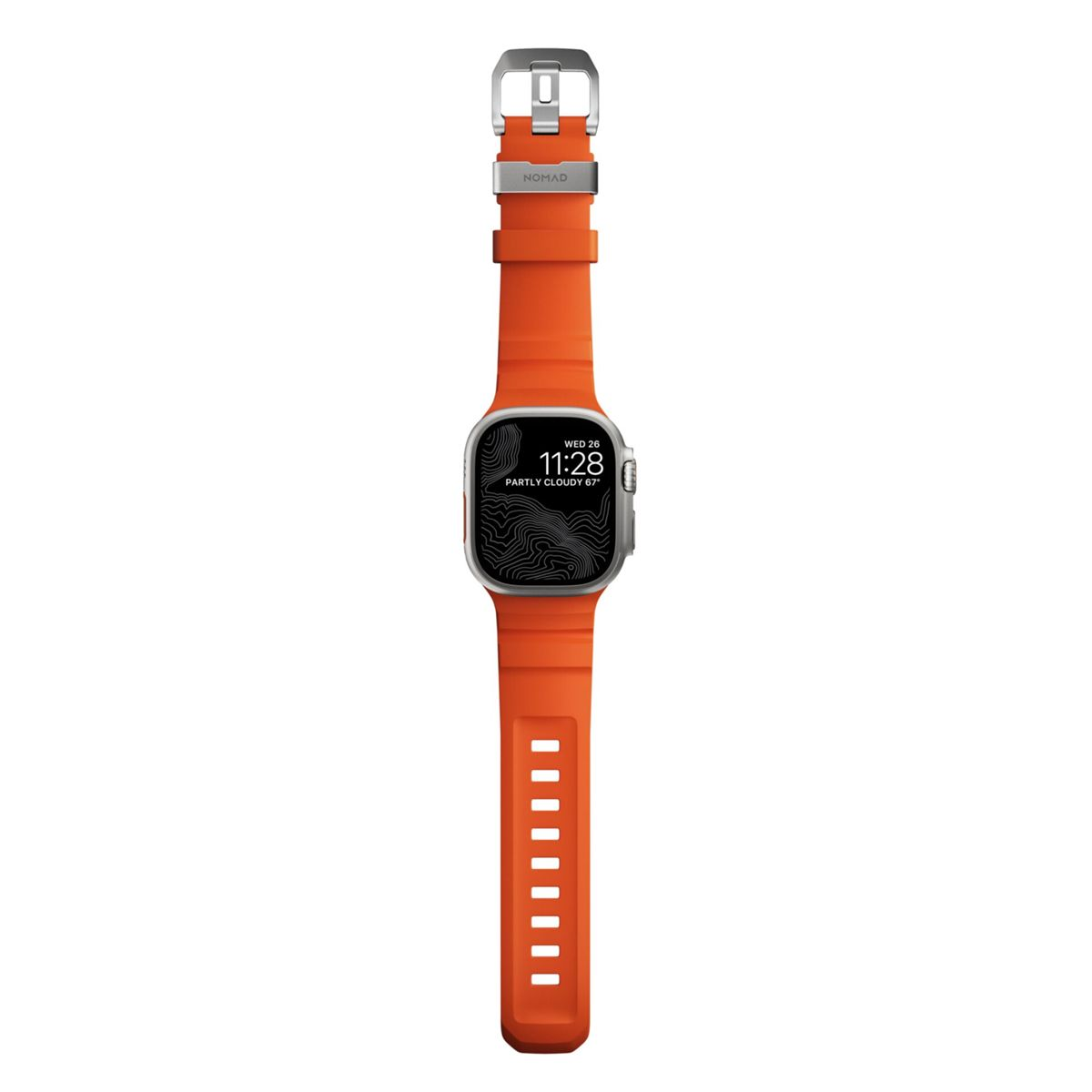 Pomarańczowy smartwatch z czarnym paskiem i srebrną klamrą, na białym tle.