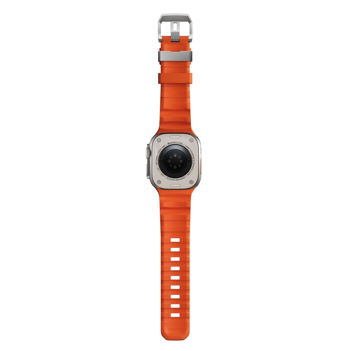 Pomarańczowy Apple Watch Ultra ze srebrną klamrą i czarną bransoletą.