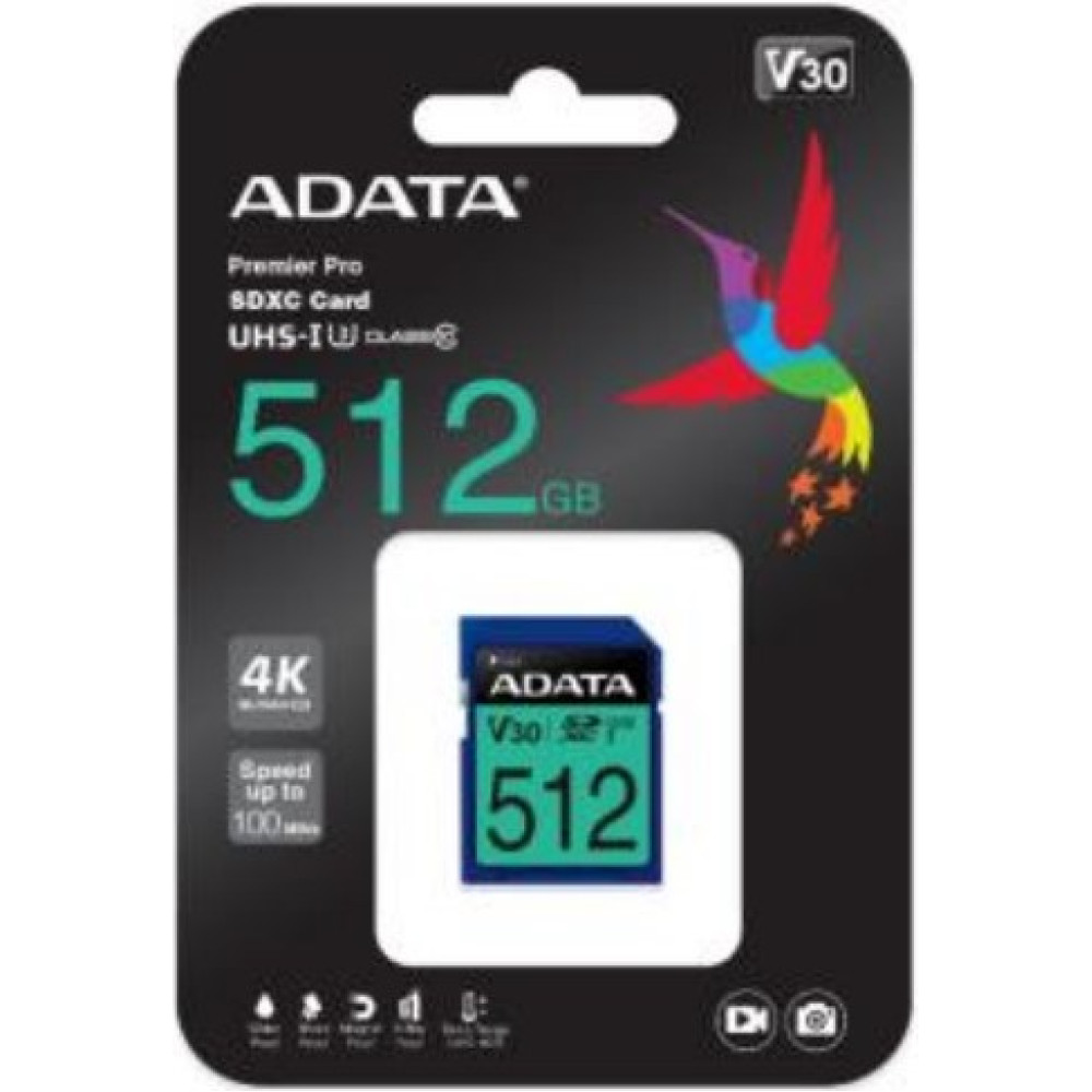 Karta ADATA 512 GB SDXC, V30, z logo kolibra i obsługą 4K.