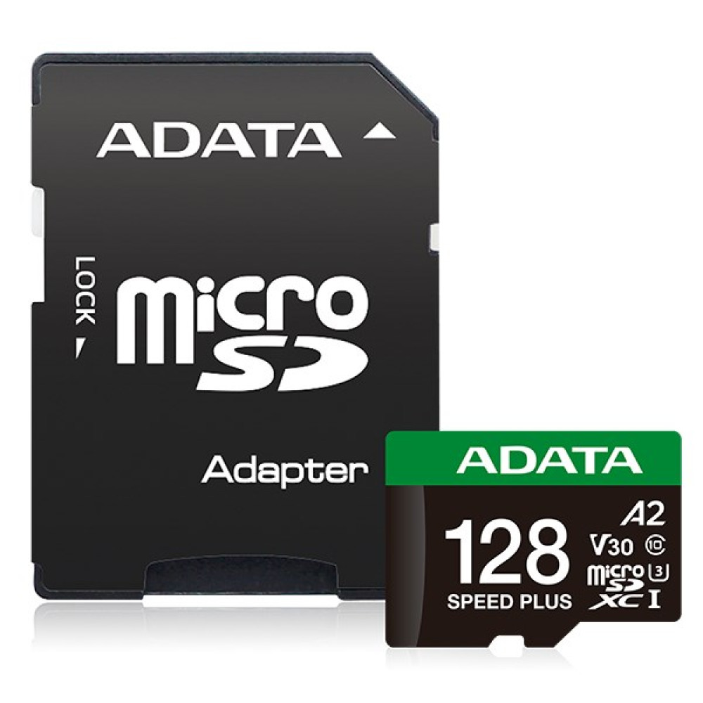 Czarny adapter MicroSD i karta MicroSD 128 GB firmy ADATA.