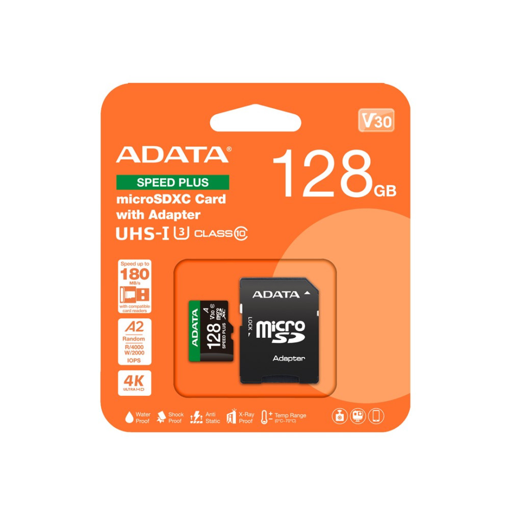 Karta ADATA microSDXC 128 GB z adapterem, UHS-I, klasa 10, V30, A2, 4K.