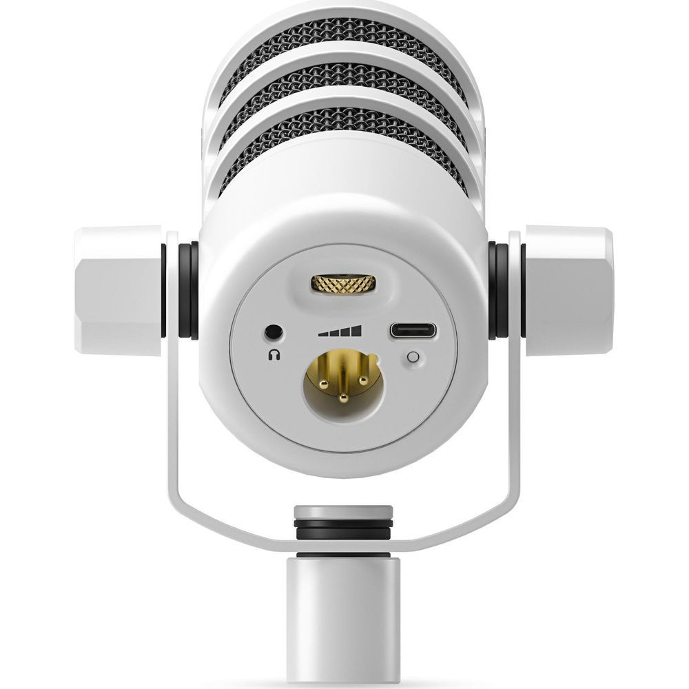 Biały mikrofon z portem XLR, gniazdem słuchawkowym i USB-C.