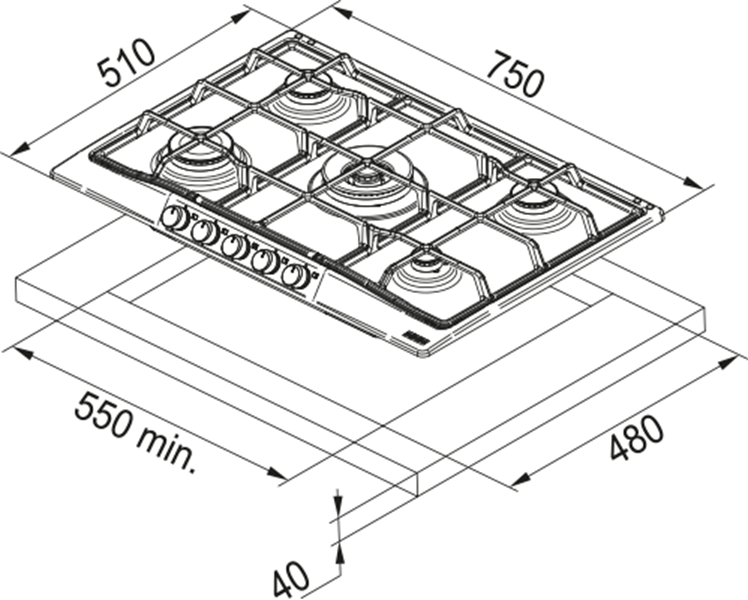 750x510 mm boyutlarında ve 550x480 mm kesitli gazlı ocak teknik çizimi.