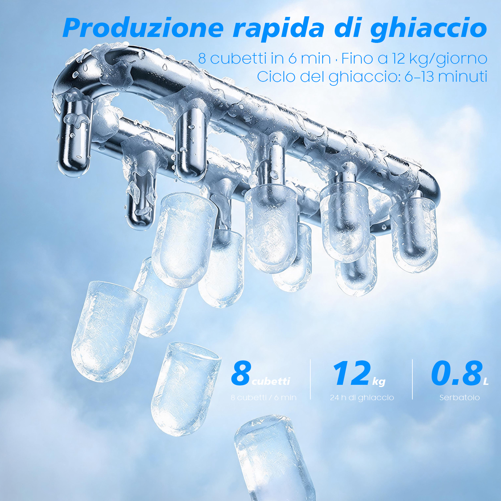 Cubetti di ghiaccio prodotti da un dispositivo metallico, con dettagli testuali.