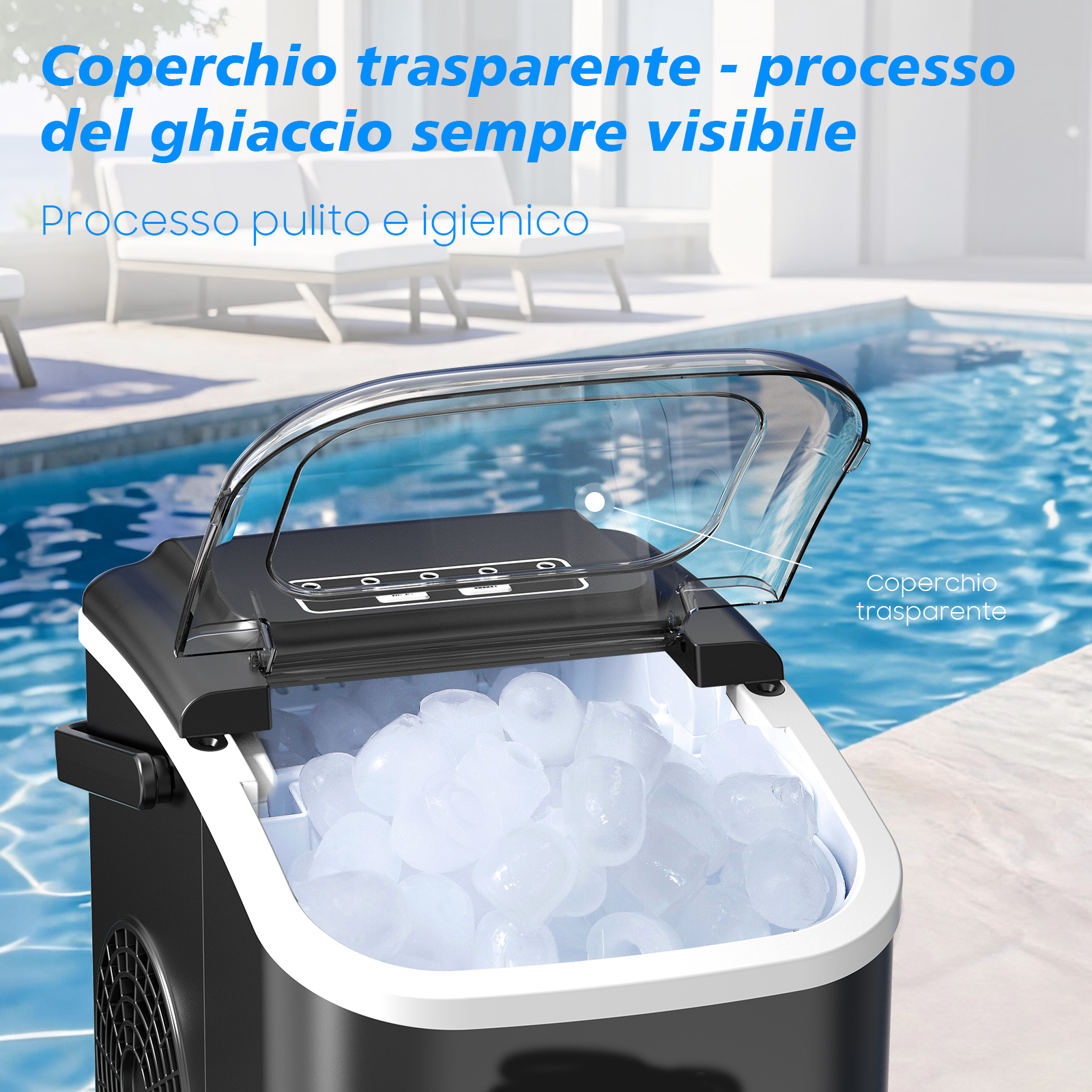 Macchina per il ghiaccio portatile con coperchio trasparente, piena di cubetti di ghiaccio, vicino a una piscina.