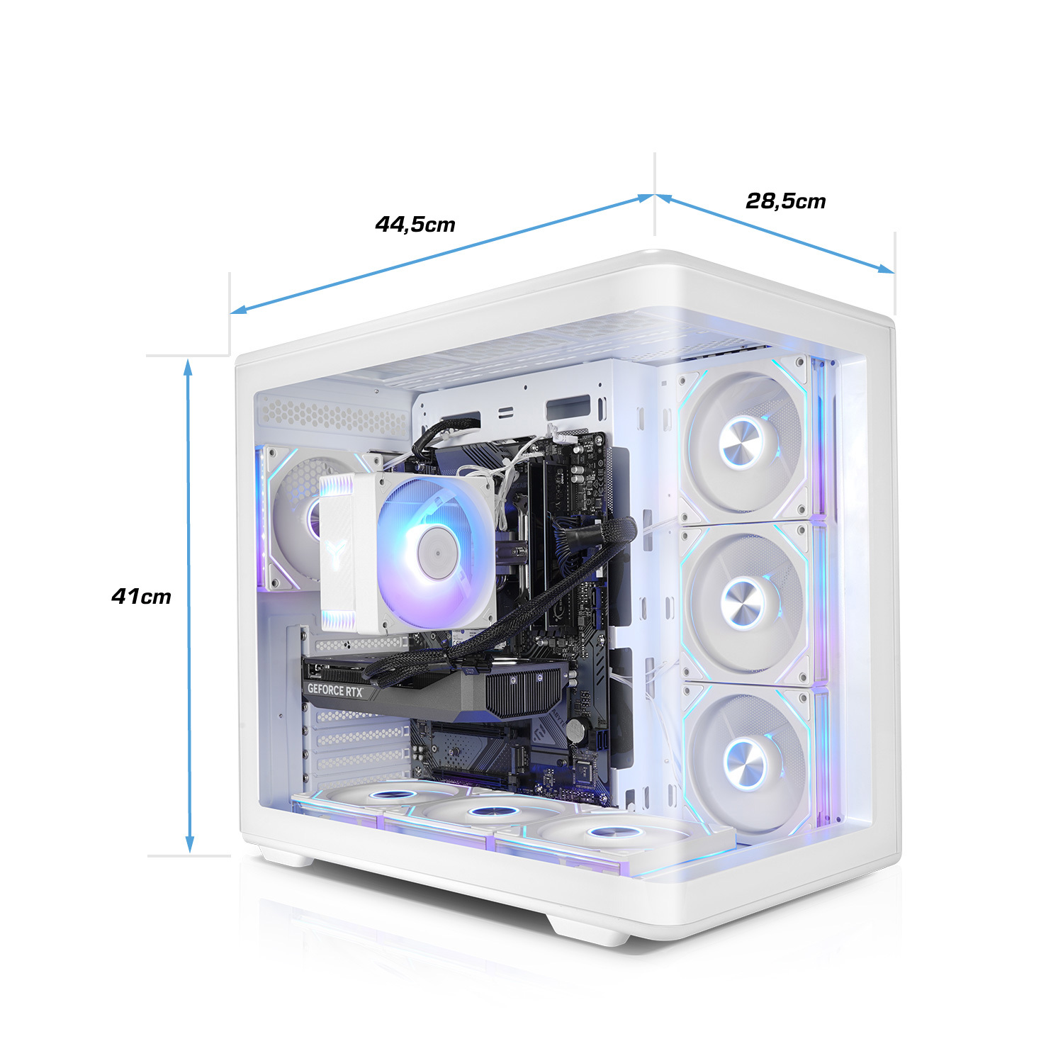 Boîtier PC blanc avec ventilateurs RVB et composants visibles comme carte graphique et ventirad.