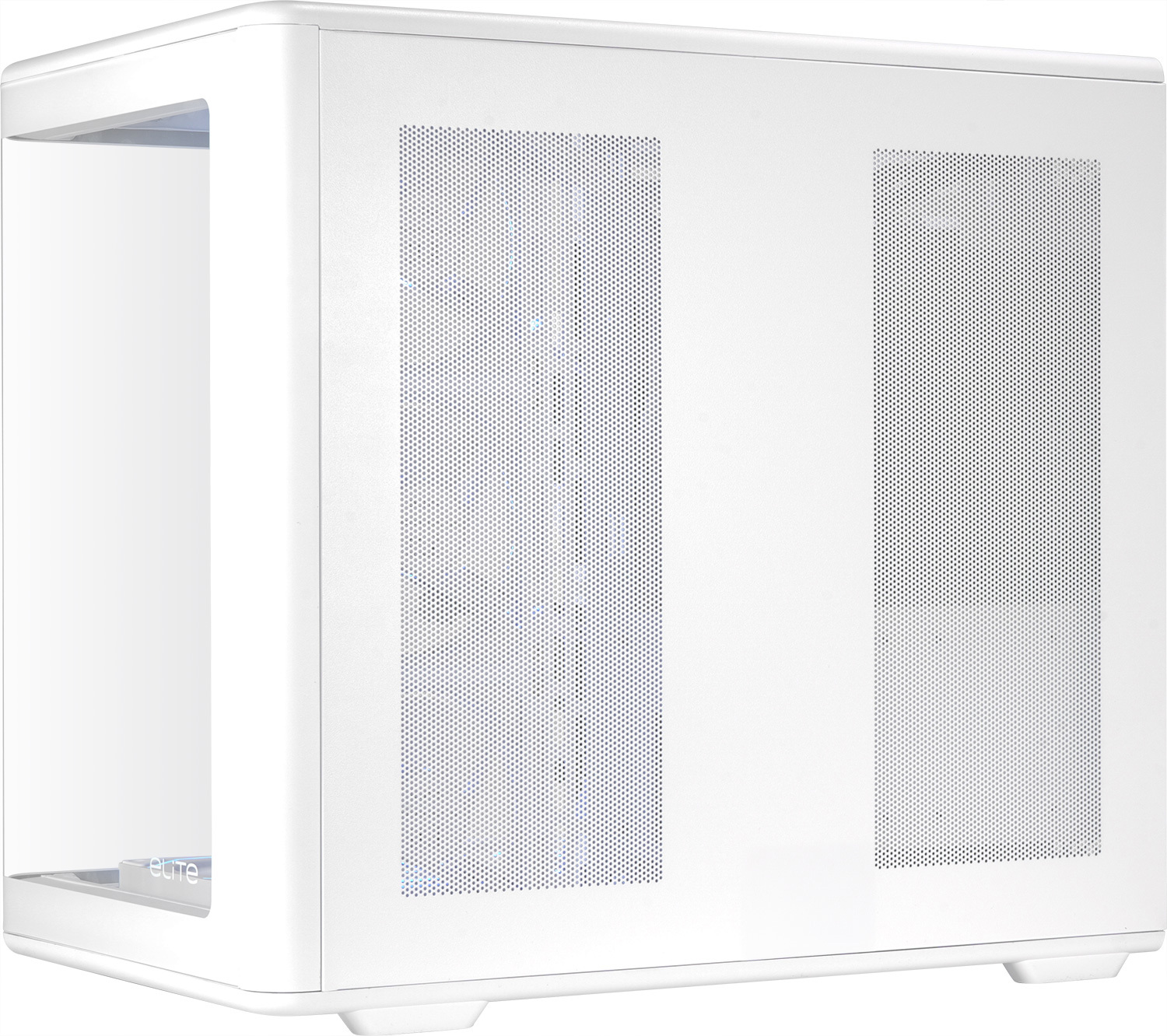Un boîtier d'ordinateur blanc avec panneaux ventilés et logo bleu.