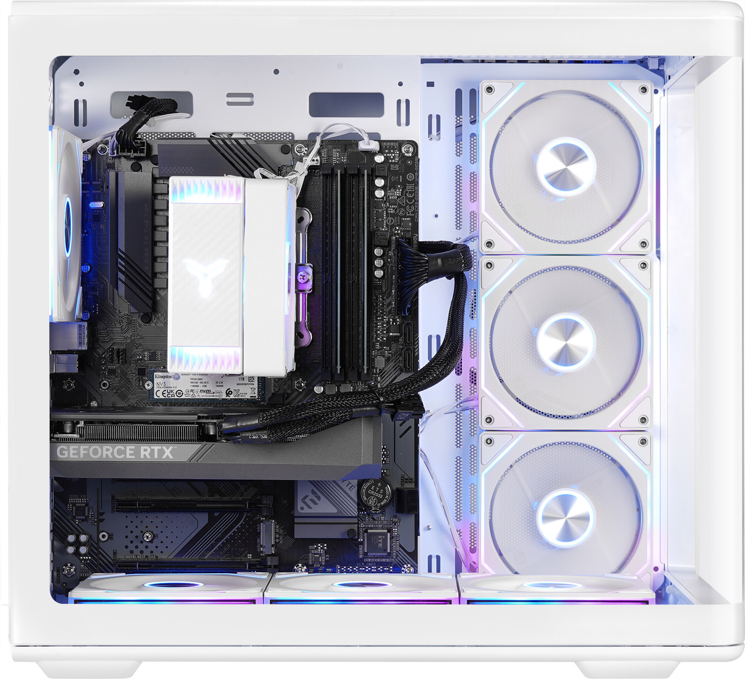 Boîtier PC blanc avec ventilateurs RGB, carte graphique et carte mère.