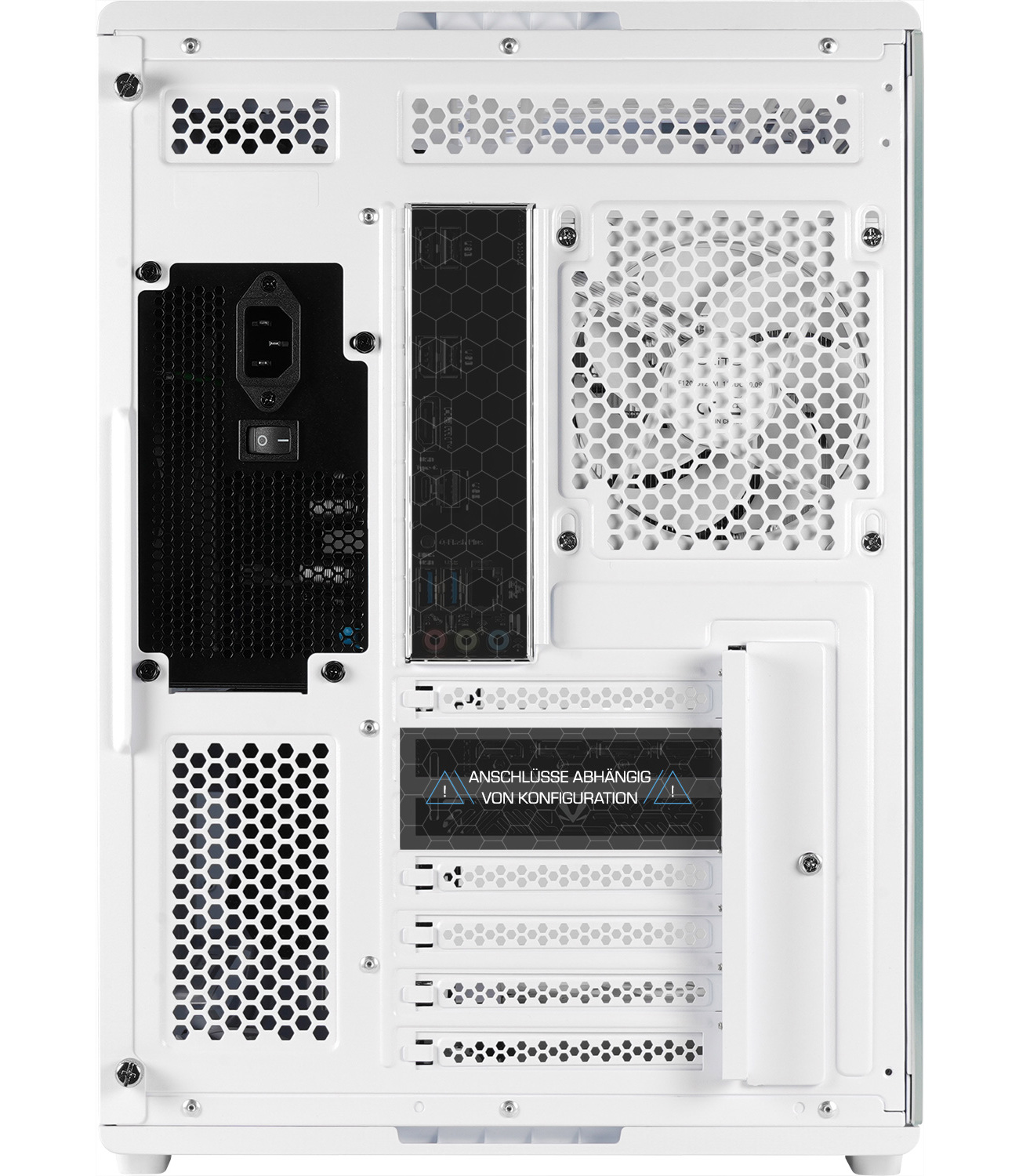 Arrière d'un boîtier PC blanc avec aérations, connecteur d'alimentation et slots d'extension.