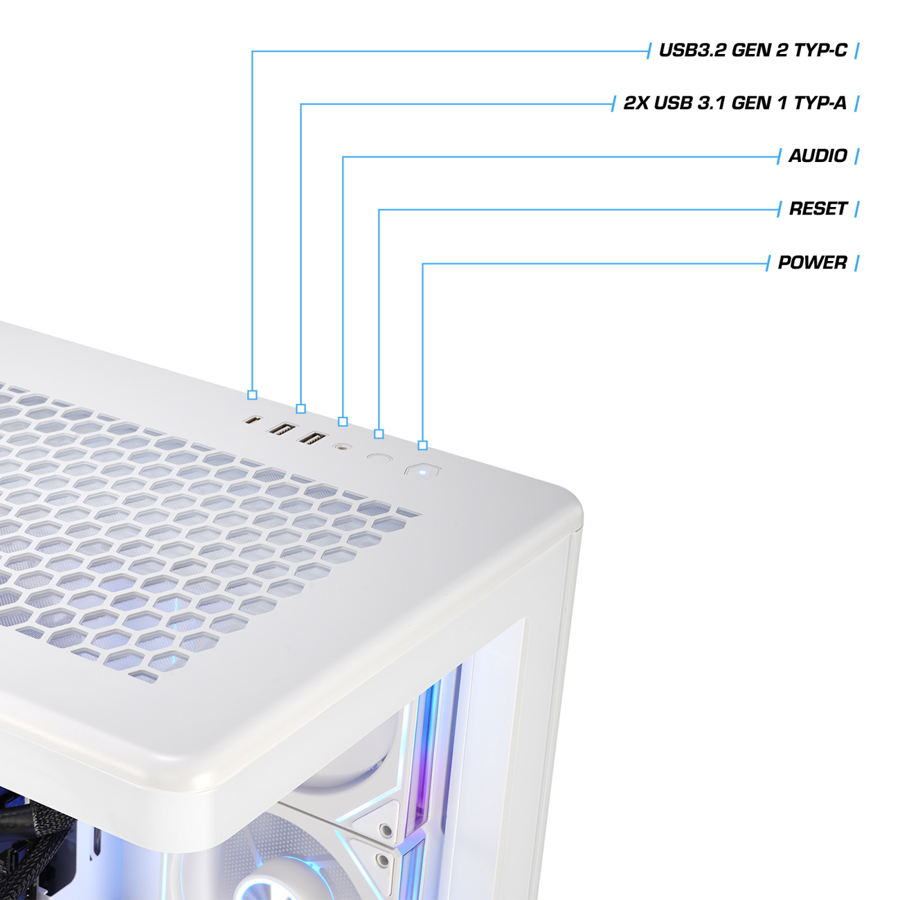 Weiße PC-Oberseite mit USB-C, USB-A, Audio, Reset und Power-Anschlüssen.
