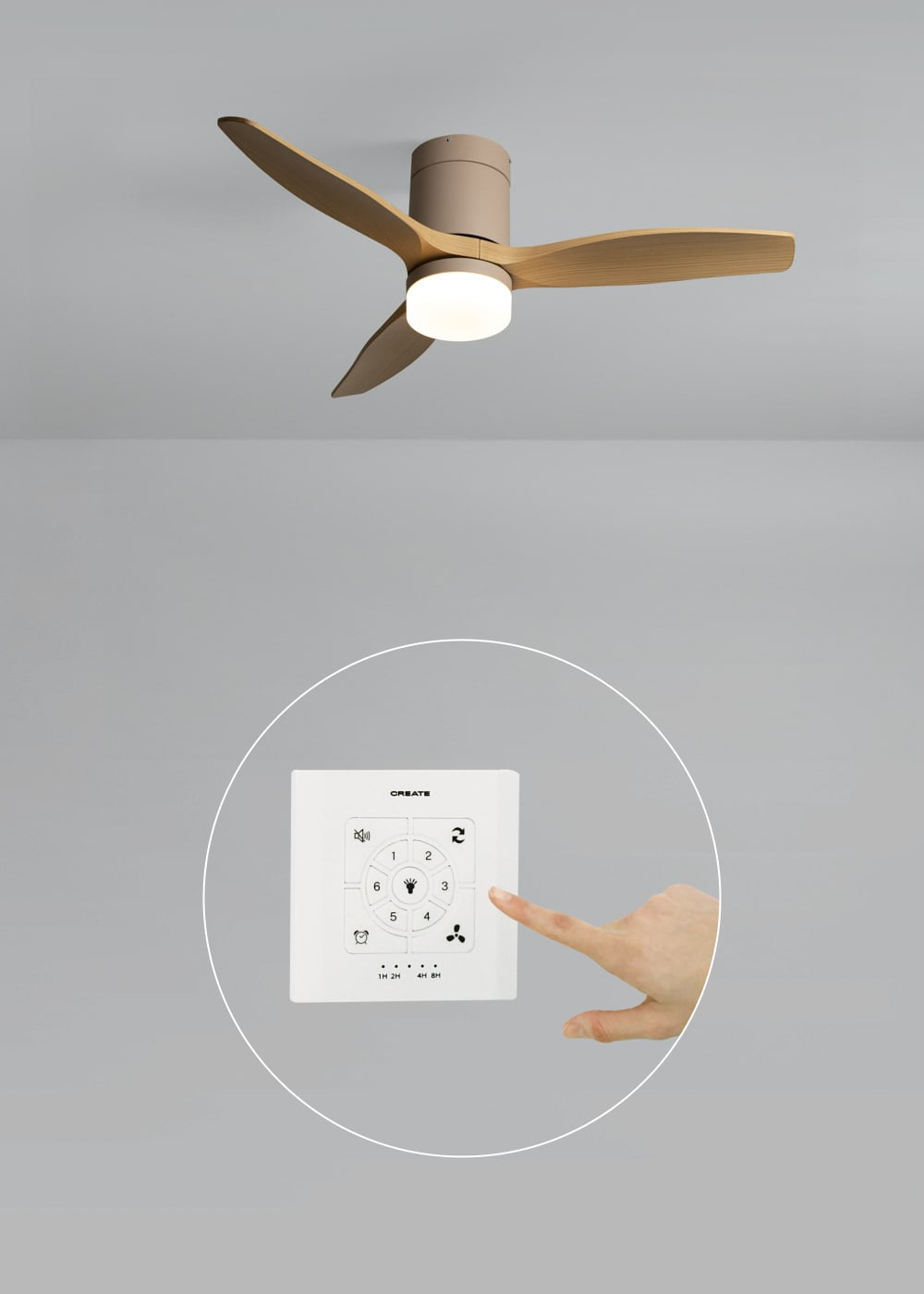 Un ventilador de techo con aspas de madera y un mando a distancia con un dedo.