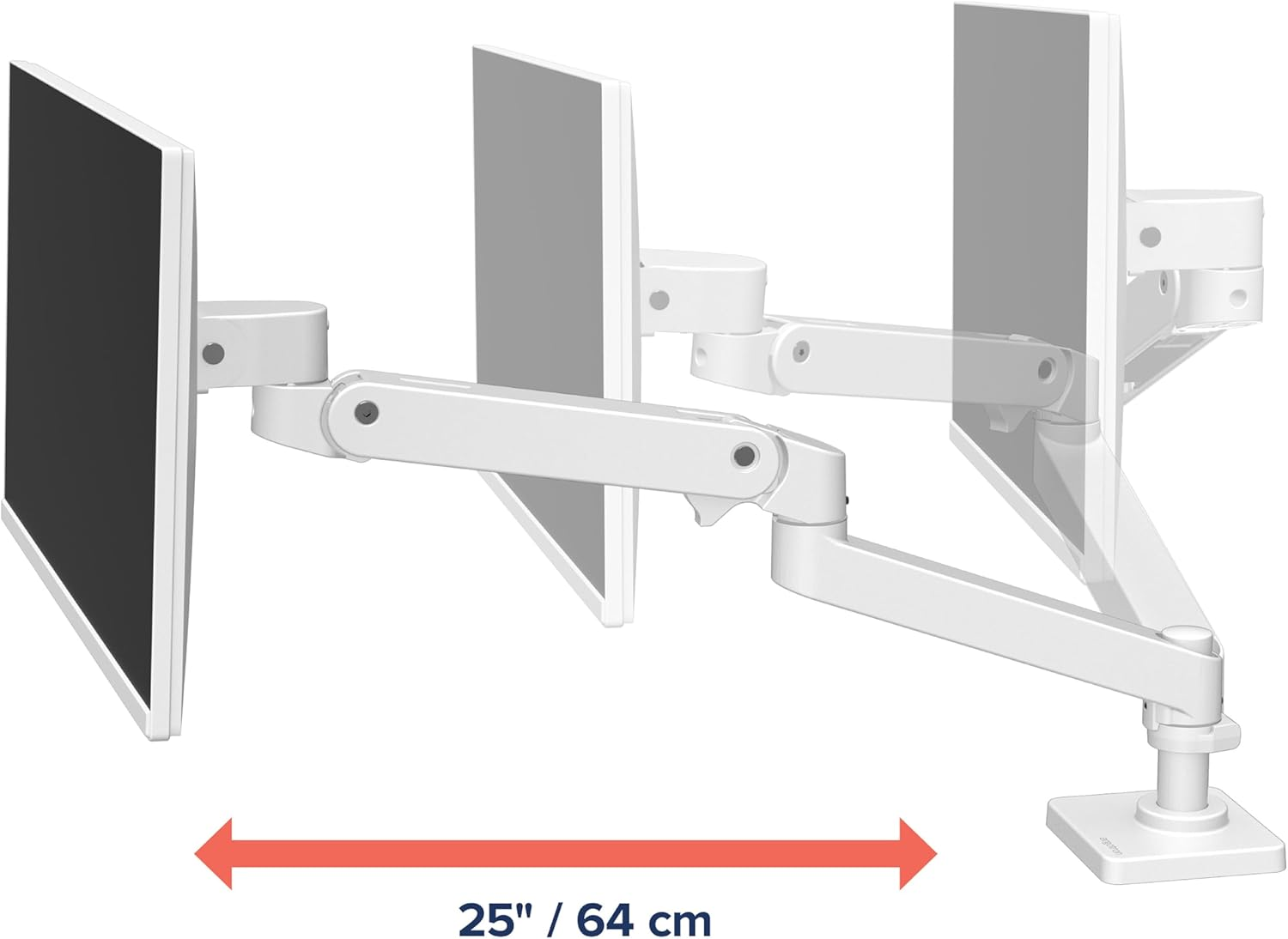 Dwa białe ramiona do monitorów z monitorami, szerokość 25" / 64 cm.