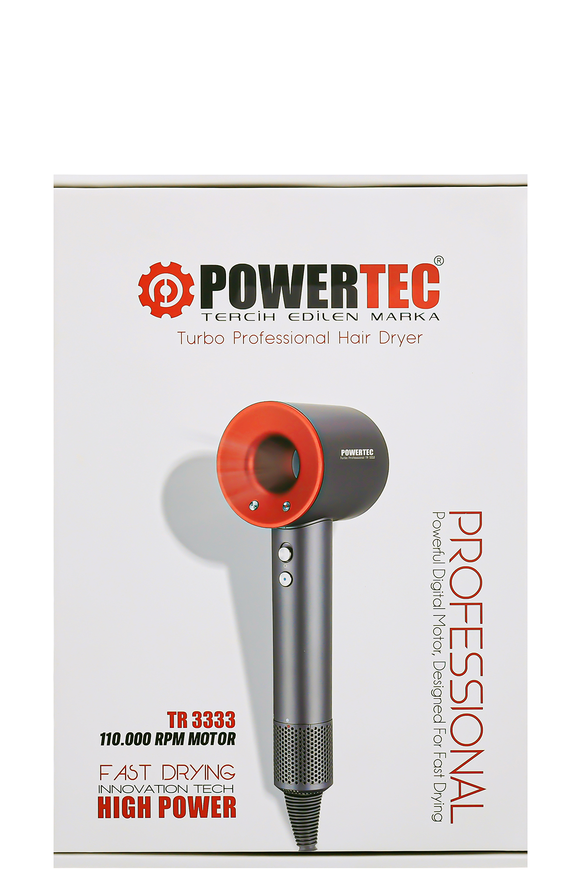 POWERTEC logosu ve ürün detayları olan gri ve turuncu saç kurutma makinesi.