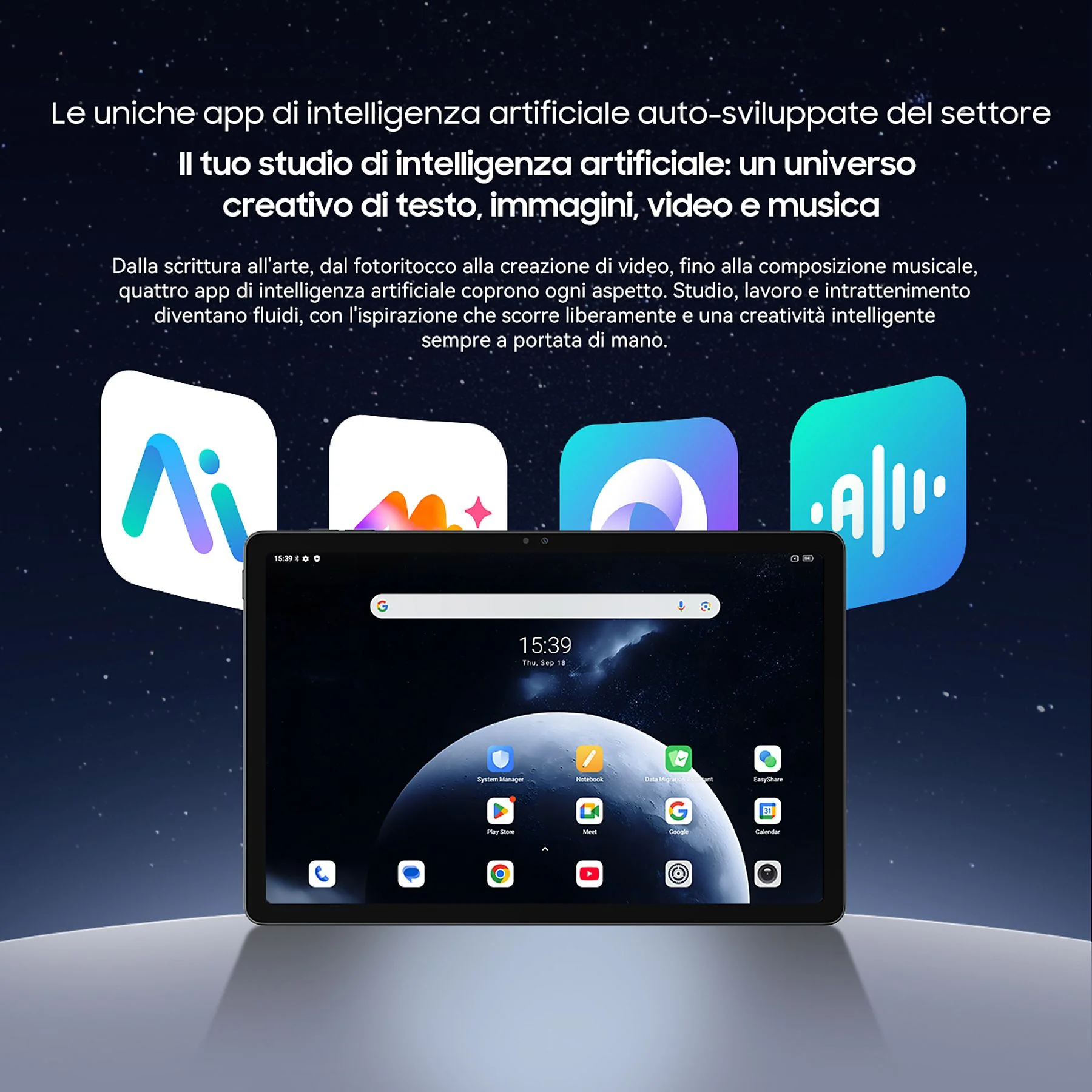 Un tablet con app di IA, icone di app blu e turchesi visibili.