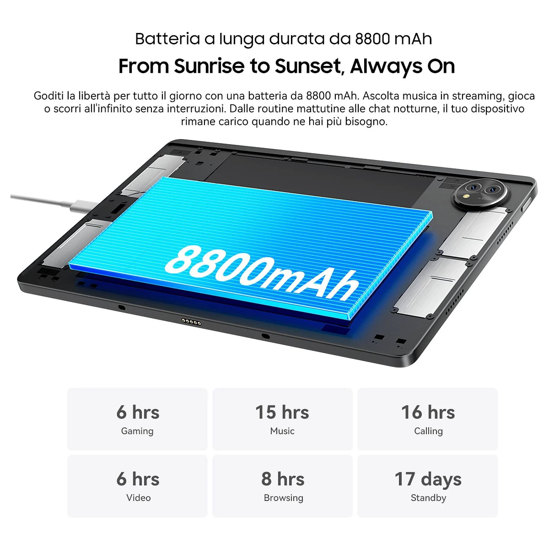 Un tablet con batteria da 8800 mAh, mostra indicatore di carica e tempi di utilizzo.