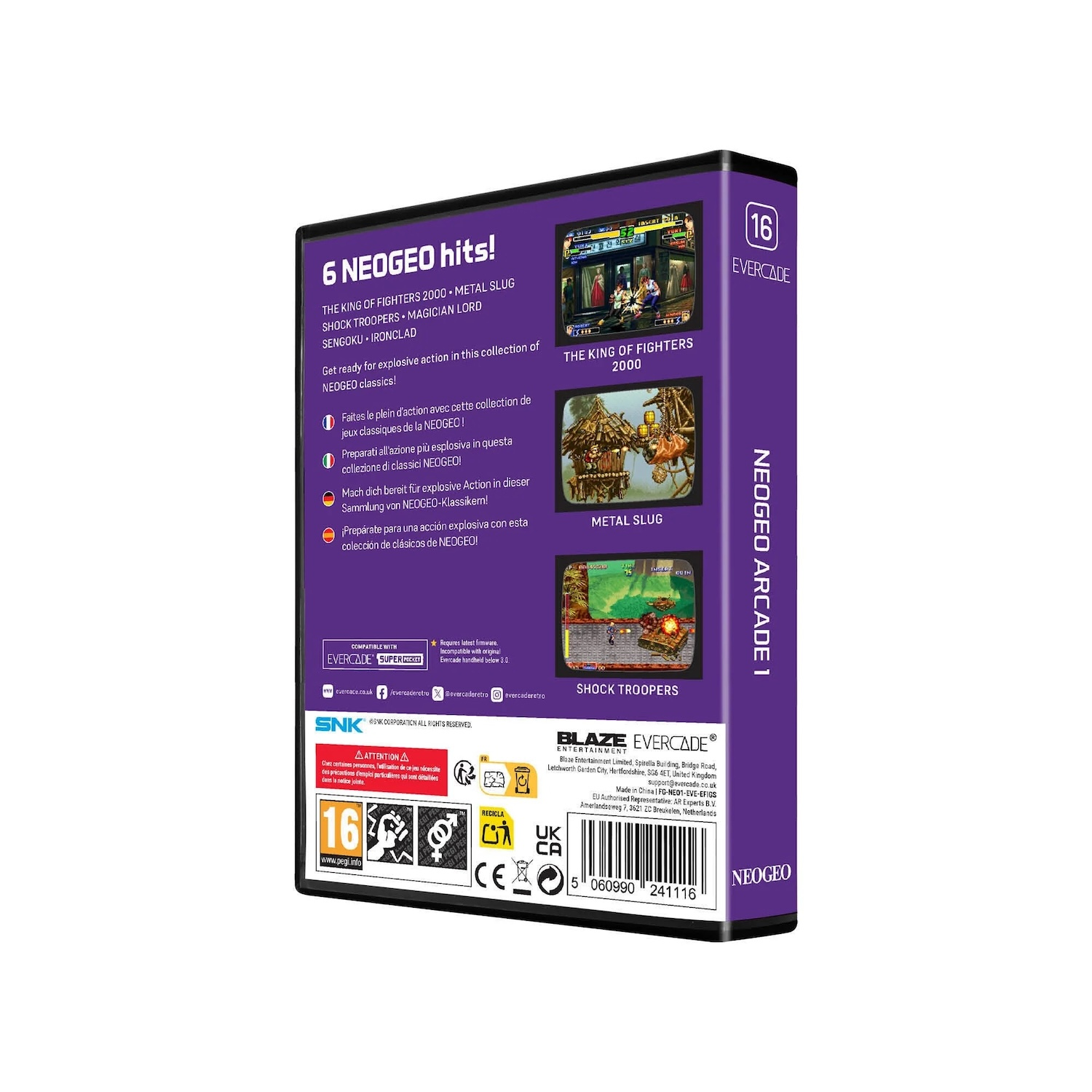 Opakowanie gry Evercade z 6 grami NEOGEO, pokazujące ekrany i logo.