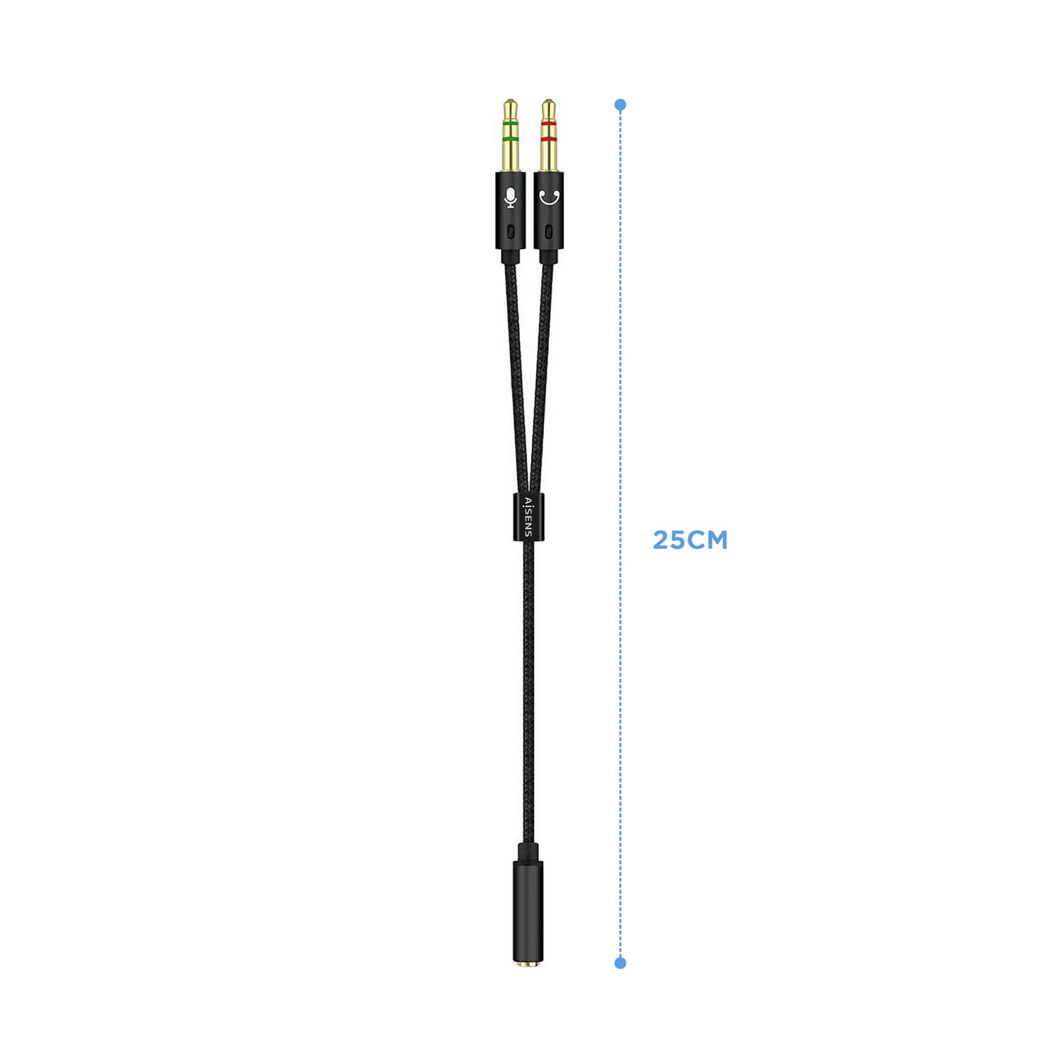 Un adattatore da 25 cm con due spine da 3,5 mm e un jack femmina da 3,5 mm.